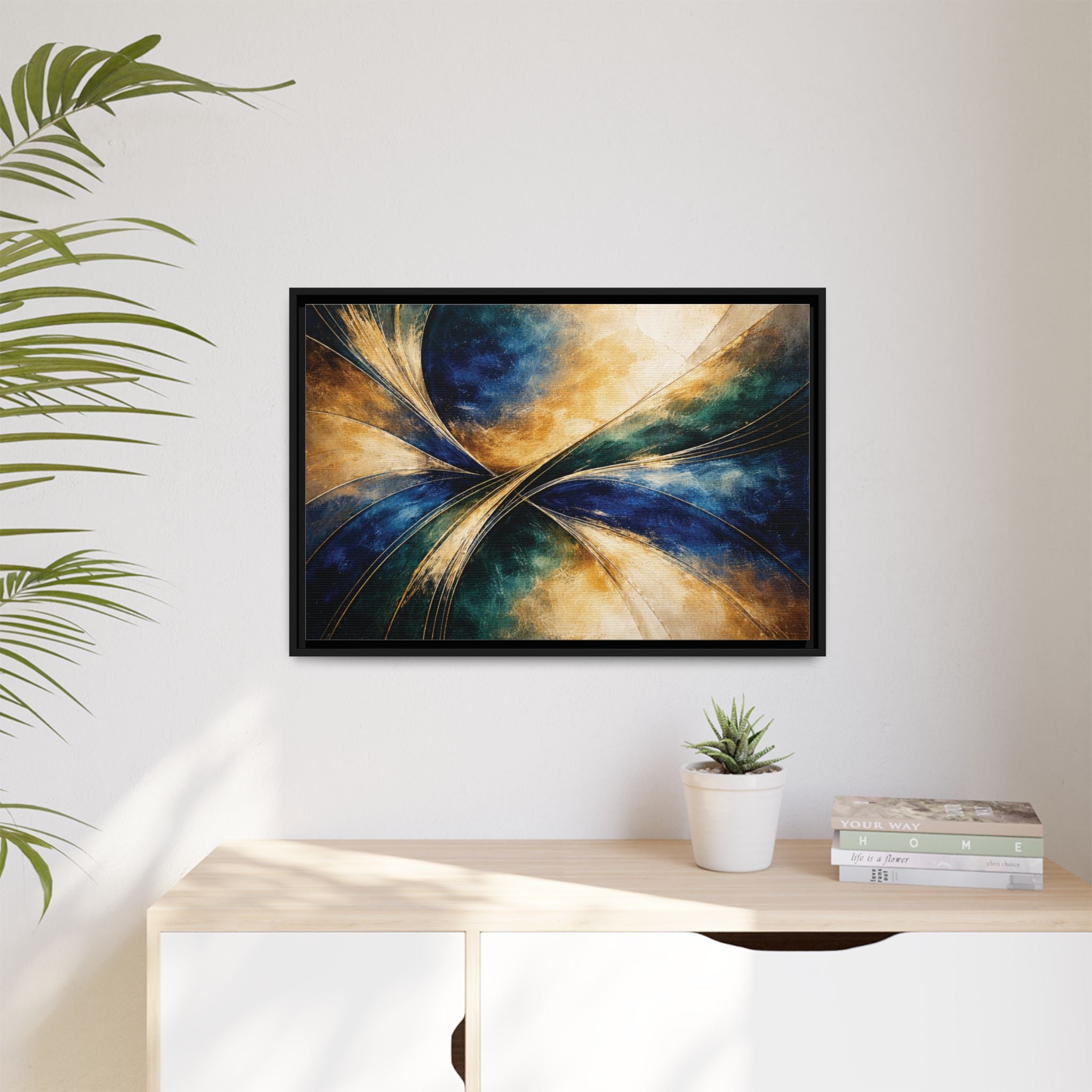 Gilded Convergence  Luxe NeoDeco Blue & Gold Abstract Wall Art Framed