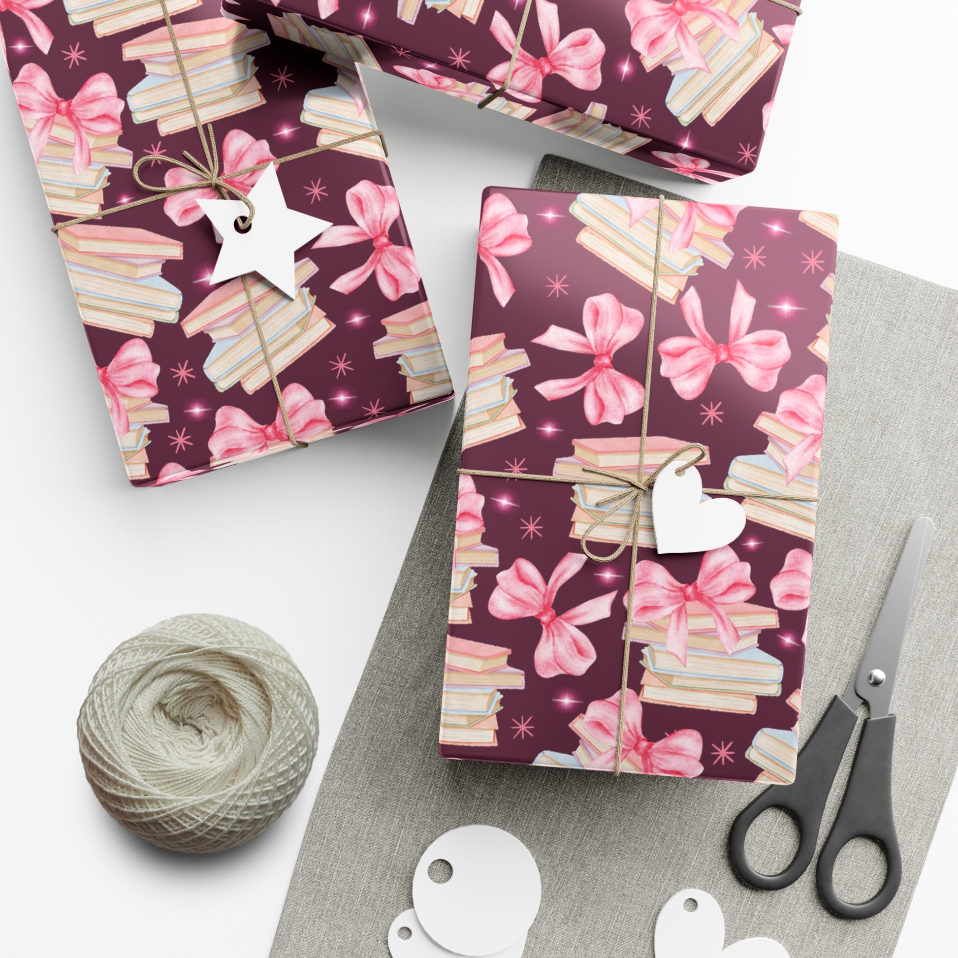 Coquette Pink Bows Books Plum Wrapping Paper Festive Holiday Gift Wrap with Perfect for Christmas Presents, Crafting, & Holiday Decor – Premium Quality - MRSBYVALLE