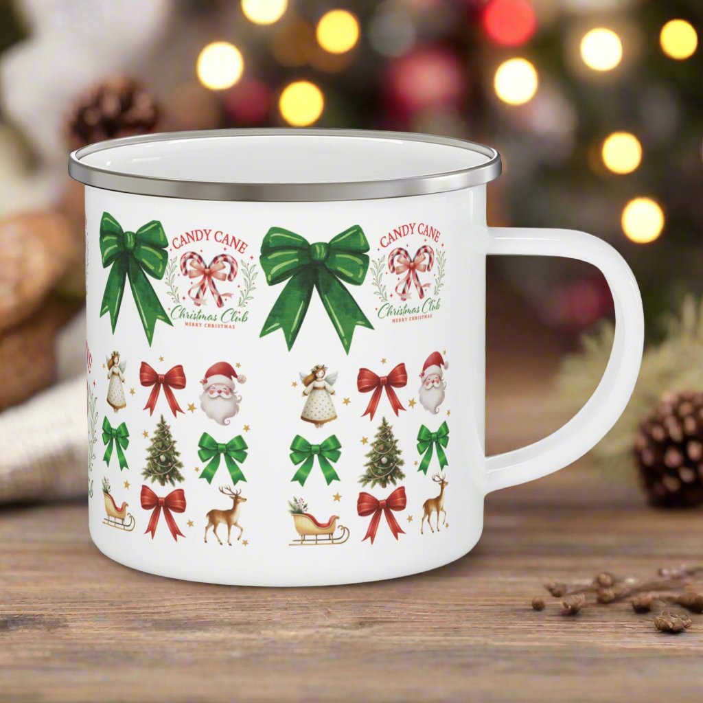 Christmas Enamel Camping Mug 12oz Enamel Camping Mug Red and Green Bows Durable, Lightweight Mug for Holiday Camping, Hot Cocoa, Coffee | Perfect Christmas Gift - MRSBYVALLE