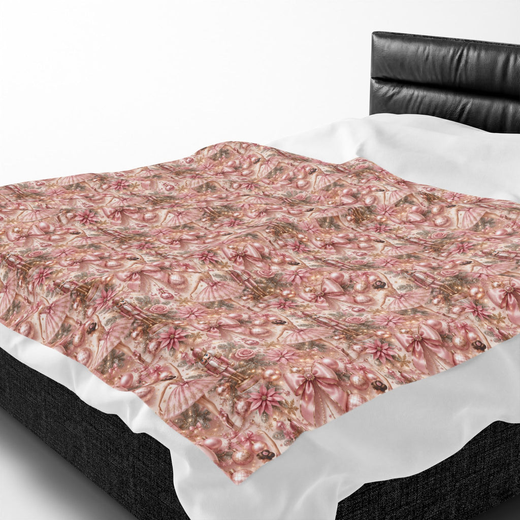 Velveteen Plush Blanket - Pink Ballerina and Nutcracker Bows Christmas