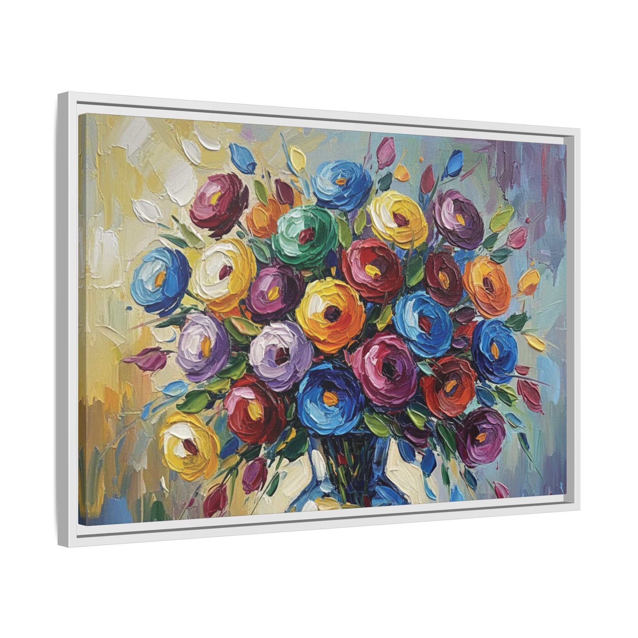 Impression sur toile bouquet floral aquarelle - Tableau mural encadré mat - Illusion de peinture à l'huile vibrante
