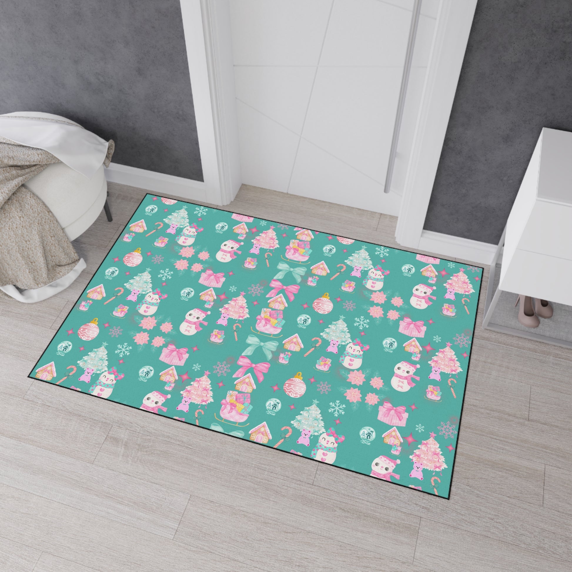 Merry and  Bright Rug Pink  Turquoise Christmas Magic for Your Floor! Fun Festive Non-Slip Holiday Mat in 4 Sizes, Cozy Colorful Decor Office
