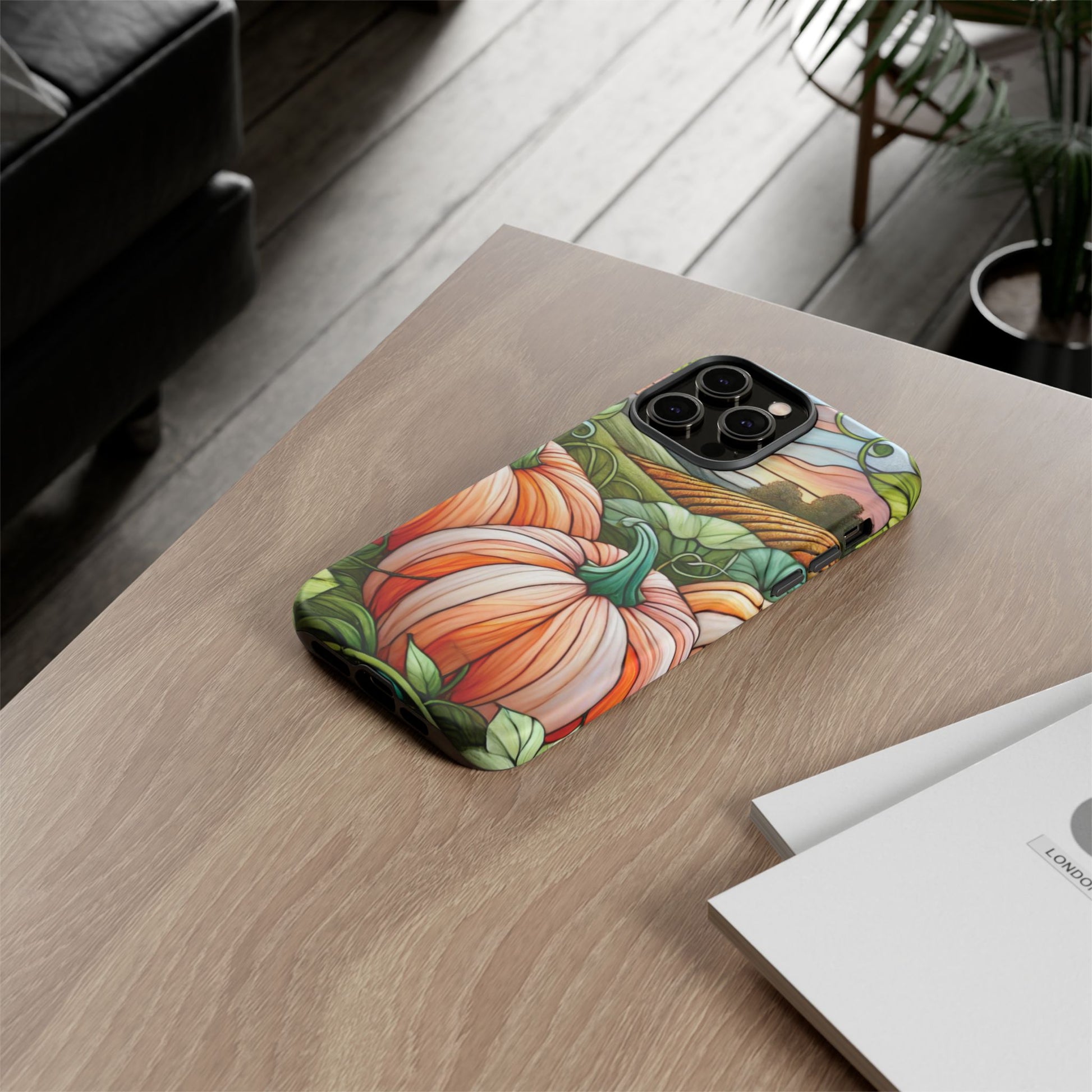 Pumpkins Phone Case Fall Faux Stained-Glass Thanksgiving Cover Pumpkin Lovers Gift for Galaxy S 24 23 22 21 Pixel 5 6 7 8 iPhone 17 , 16 15 14 13 12 Samsung iPhone Samsung Gift for Her