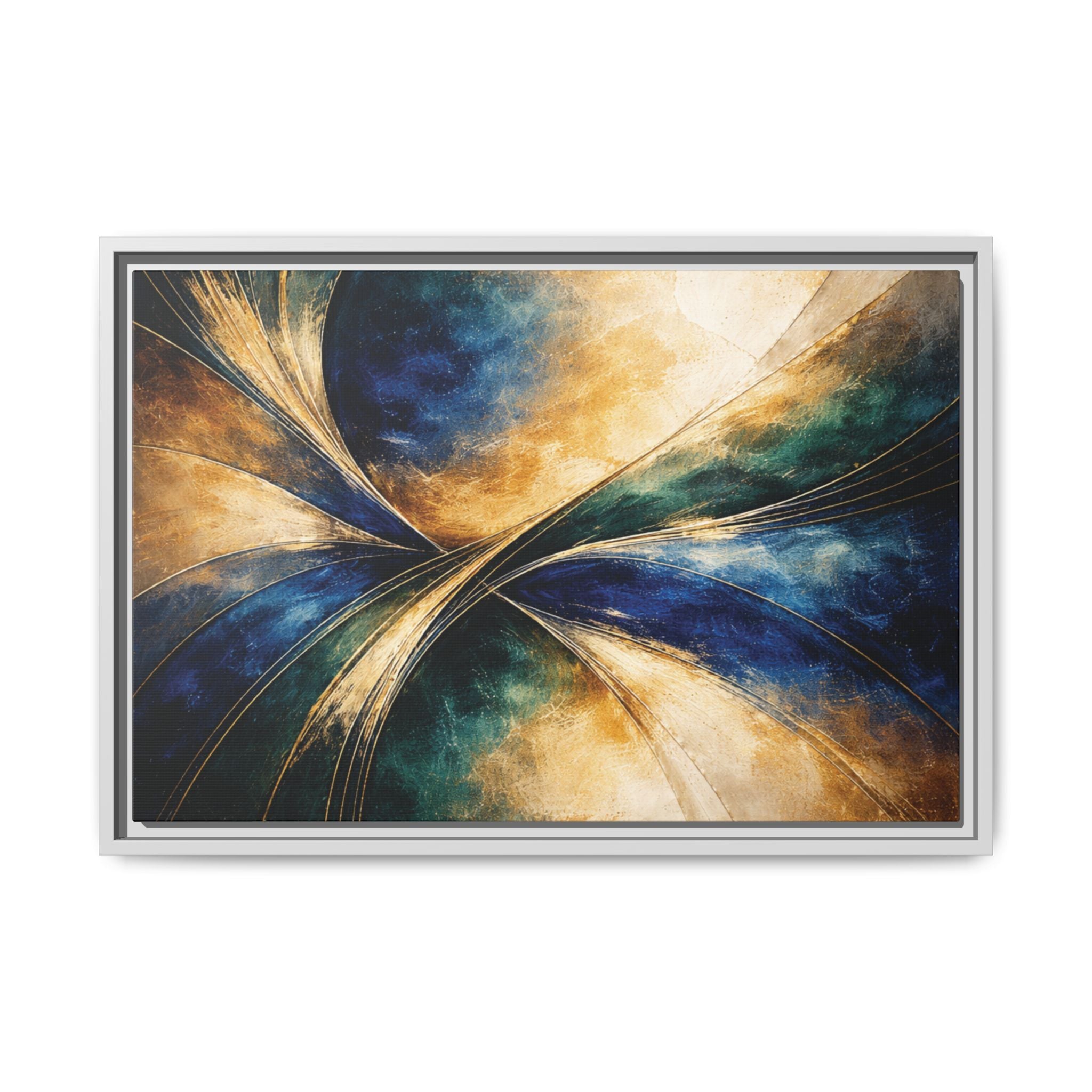 Gilded Convergence  Luxe NeoDeco Blue & Gold Abstract Wall Art Framed