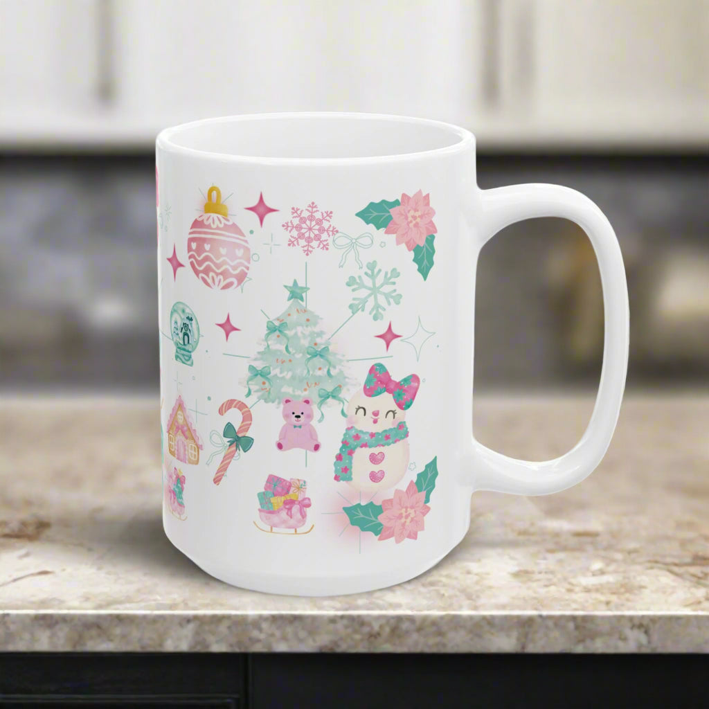 Glam Christmas Mug  Pink  Turquoise Holiday Coffee Cup, Festive Ceramic Mug in 11oz  15oz, Chic Gift for Hot Cocoa or Morning Lattes Mom