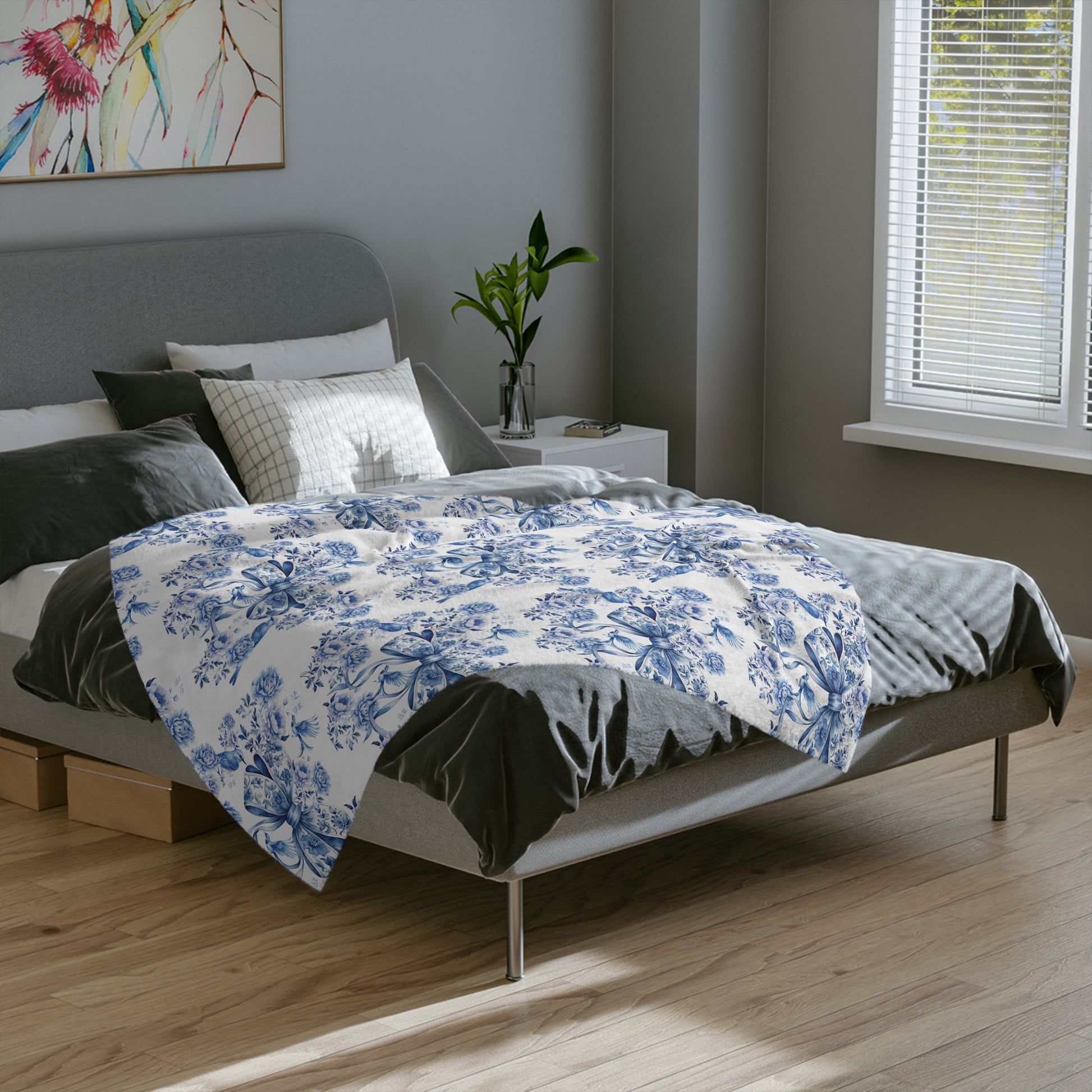 Elegant Blue Bow Chinoiserie Blanket – Soft & Cozy Throw in 60x50 & 80x60, Vintage Bird & Floral Design, Lightweight, Warm, Perfect for Home & Gift Giving Housewarming Gift Throw