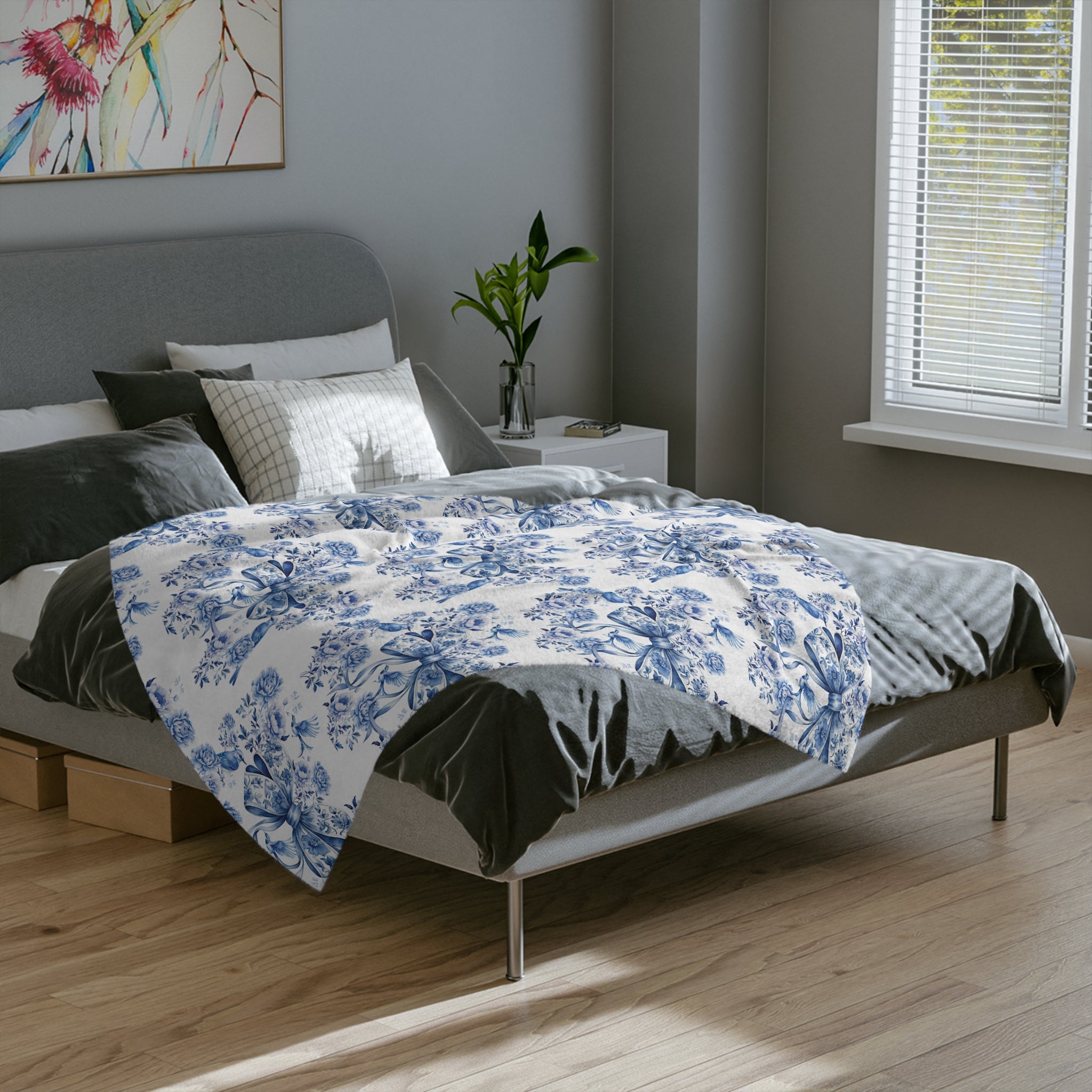 Elegant Blue Bow Chinoiserie Blanket – Soft & Cozy Throw in 60x50 & 80x60, Vintage Bird & Floral Design, Lightweight, Warm, Perfect for Home & Gift Giving Housewarming Gift Throw