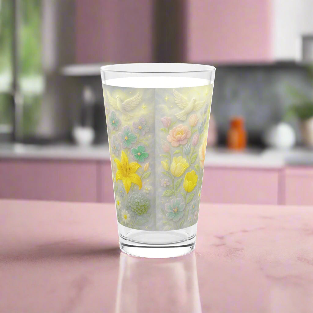 Clear glass with floral design on a white background