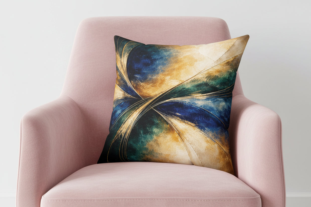 Decorative pillow with abstract design in blue, gold, and beige on a white background