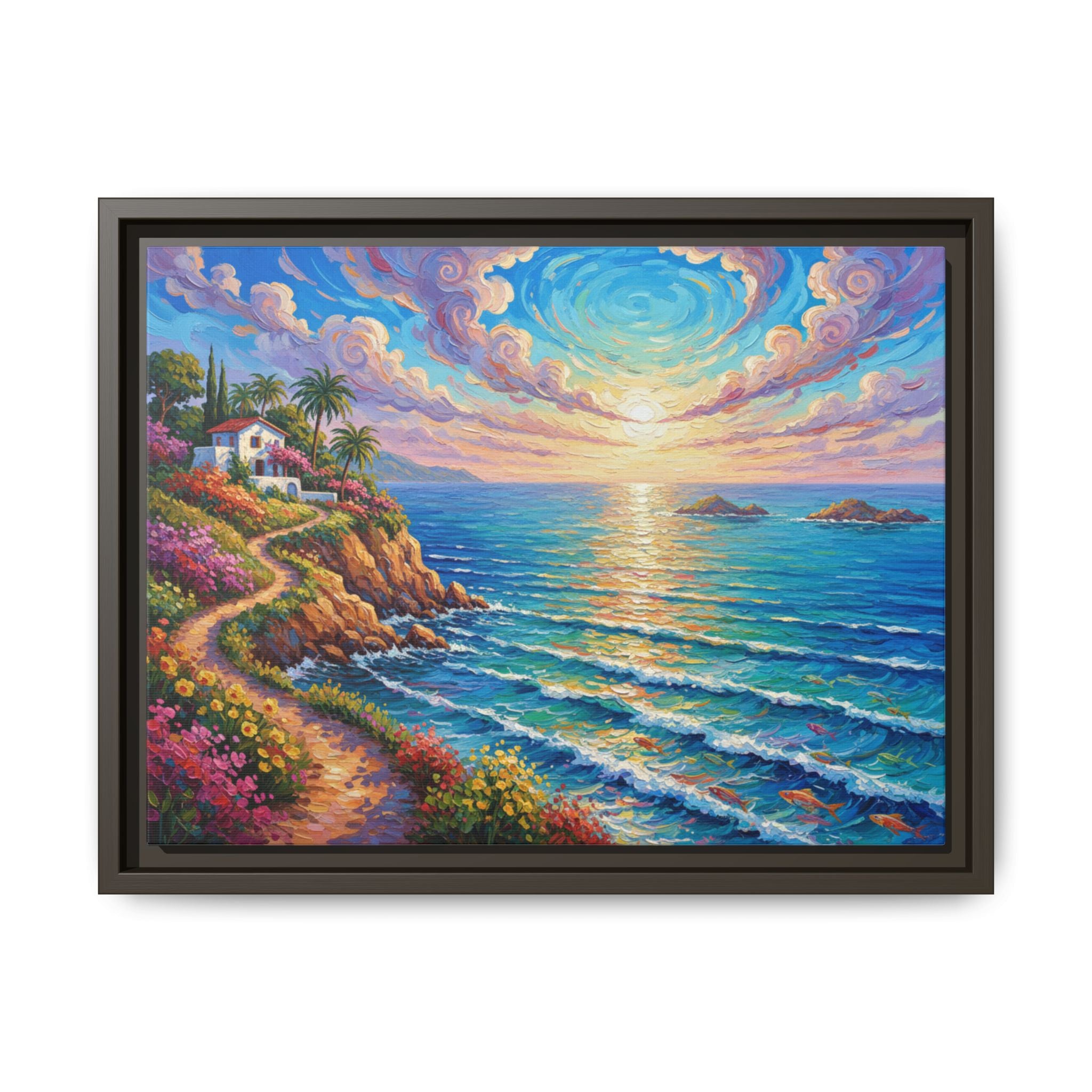 Ocean Floral Print Canvas | Bright Colorful Seascape Wall Art, Framed Matte Office Art Work