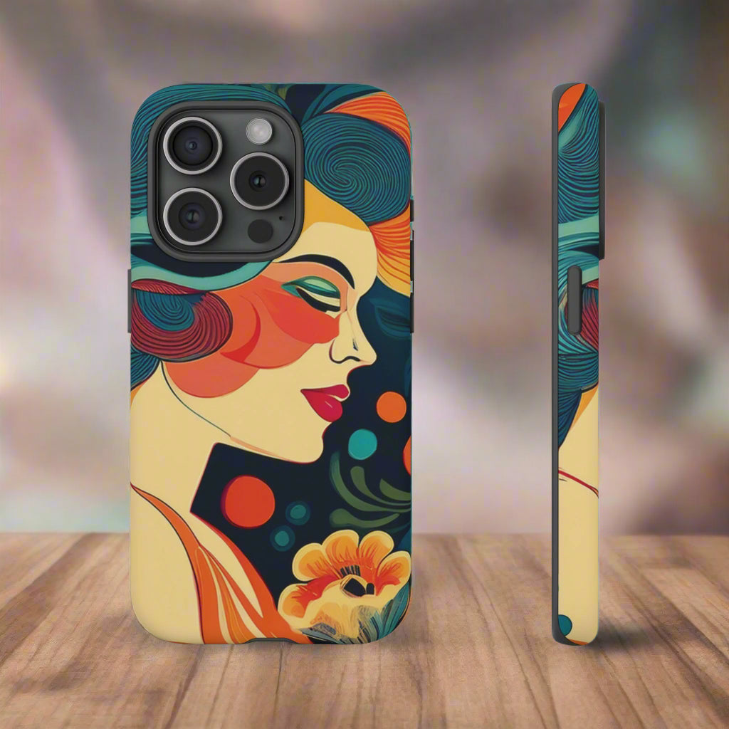 Phone case with colorful design of a woman's face and flowers on a white background