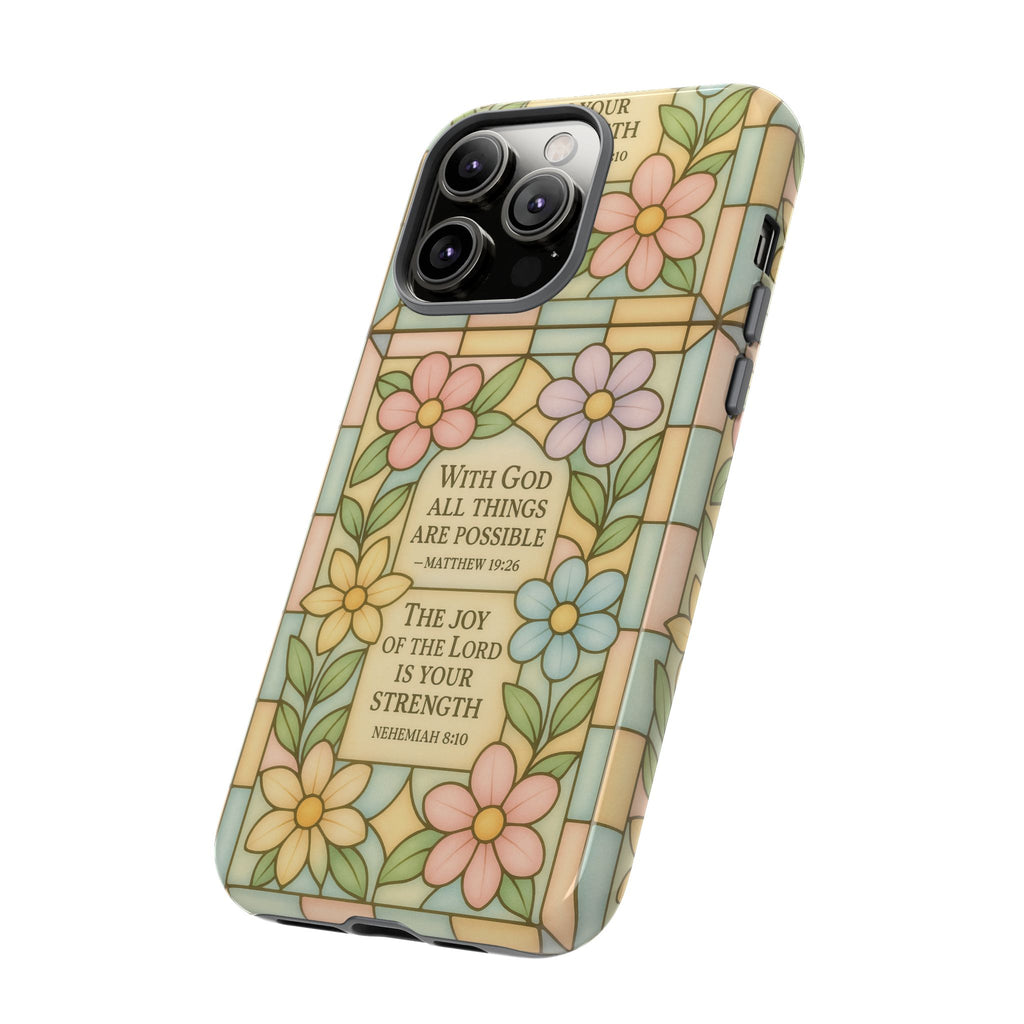 Pastel Stained Glass Bible Verse Phone Case Christian Affirmation Cover, Soft Geometric Design, iPhone Samsung Google, Faith Gift for Her Bible Verse or Affirmation | Protective, Inspirational Gift for Christians