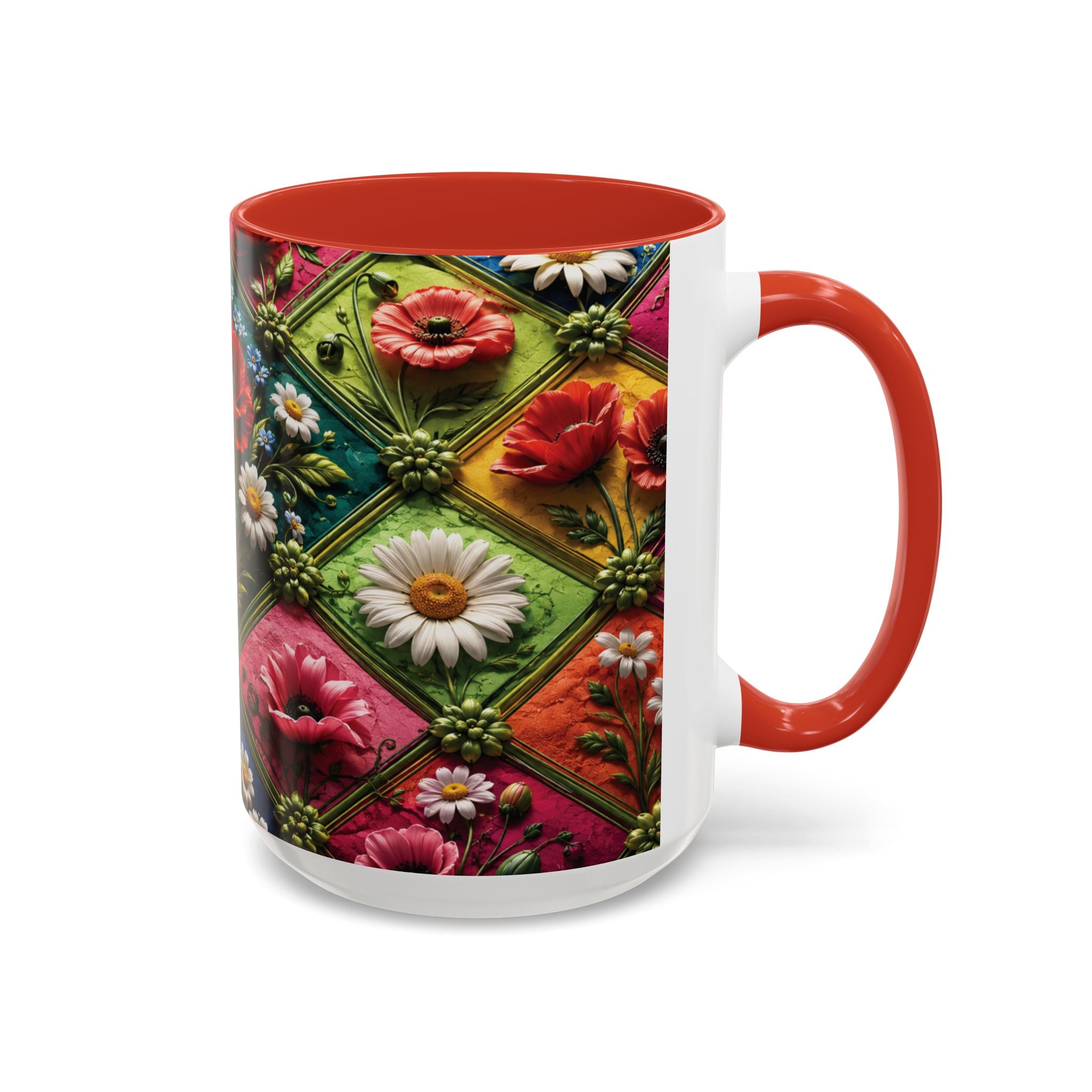 Floral Patchwork Accent Coffee Mug — Colorful Poppies & Daisies (11/15oz) 3D Illusion