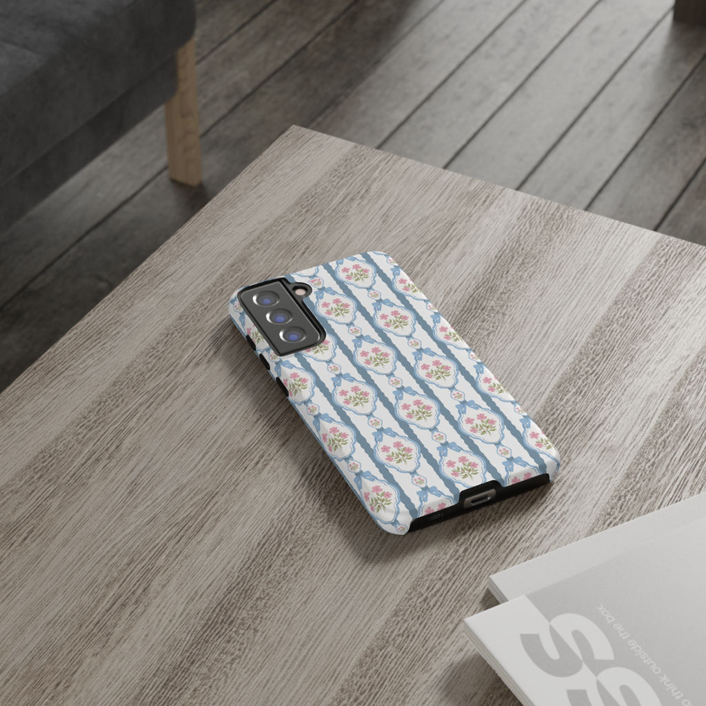 Coque de téléphone Vintage Nœud Bleu et Rose — Motif floral romantique « Tough Cases »