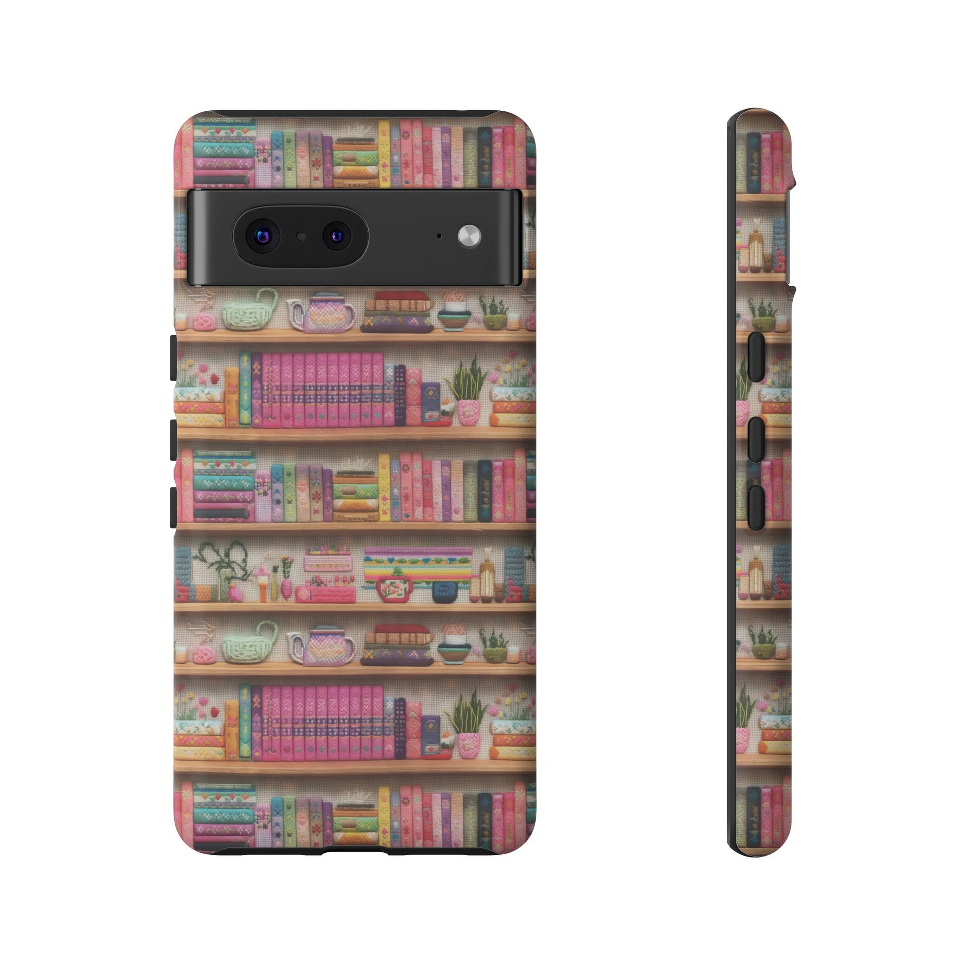 Whimsical 3D Embroidery Illusion Books on Pastel Shelves Phone Case for iPhone, Samsung & Pixel: Unique Accessory for Literary Enthusiasts Gift for Her Perfect for Floral Lover