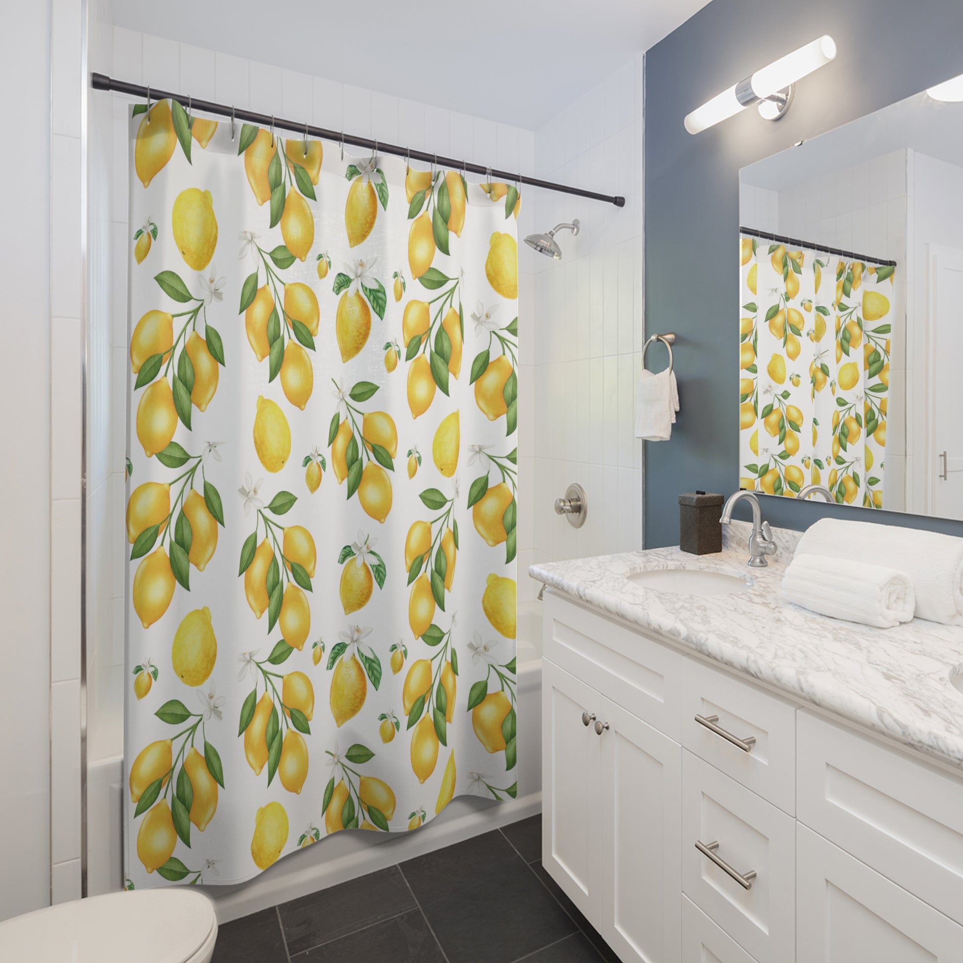 Elegant Lemon & White Flower Shower Curtain 71x74 Inch Citrus Blossom Design, Fresh Bathroom Décor, Durable High-Quality Fabric, Vibrant Yellow Lemons and White Floral Pattern Wedding Gift for Mom Bridal Shower Gift Newlywed