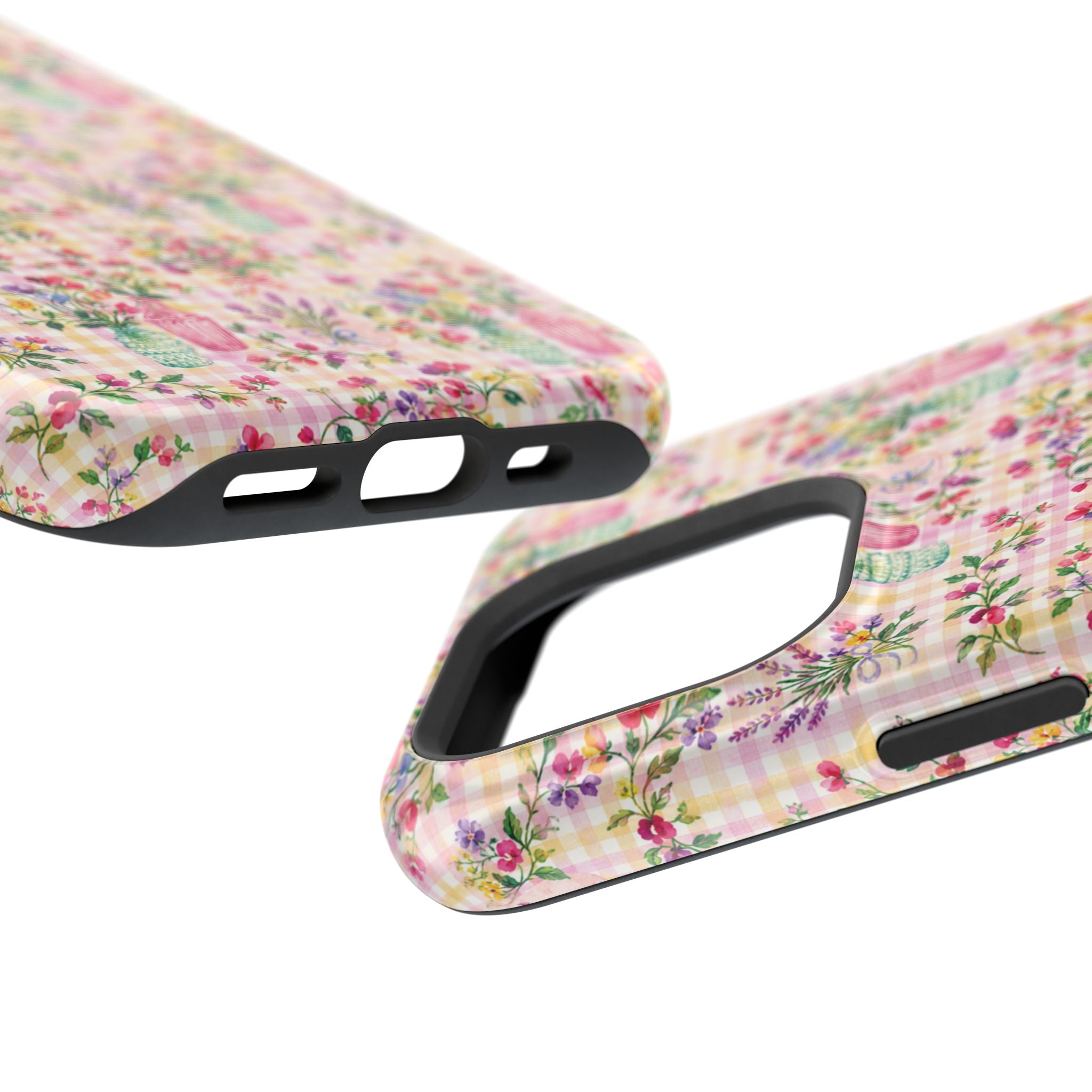 Turquoise & Pink Floral Checker Phone Case — Magnetic Impact-Resistant