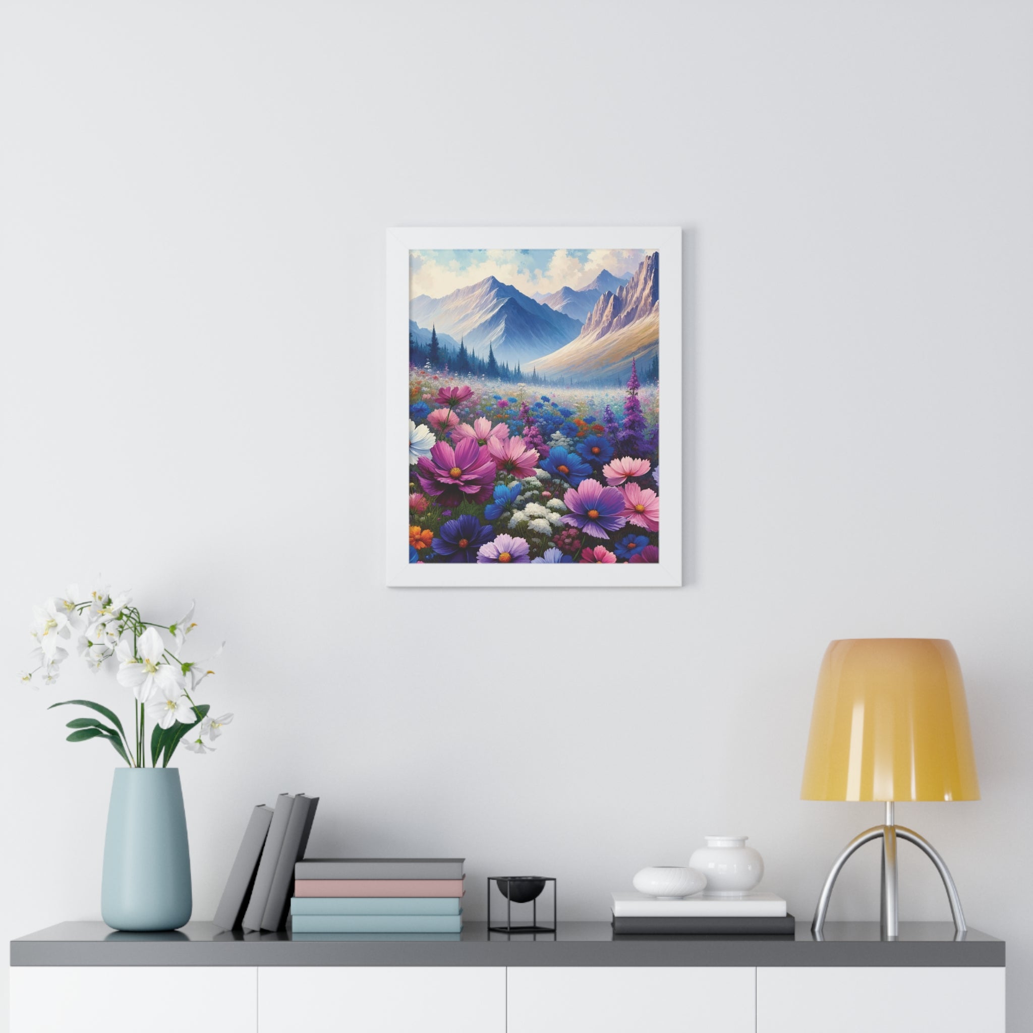 Wall Art Beautiful Wildflowers and Mountains Wildflower Art Watercolor Floral Framed Canvas Print Wall Art  Classic Encased in Black, White, or Walnut Frames with Durable Acrylic Protection Ready to Hang  Timelessly Crafted..
