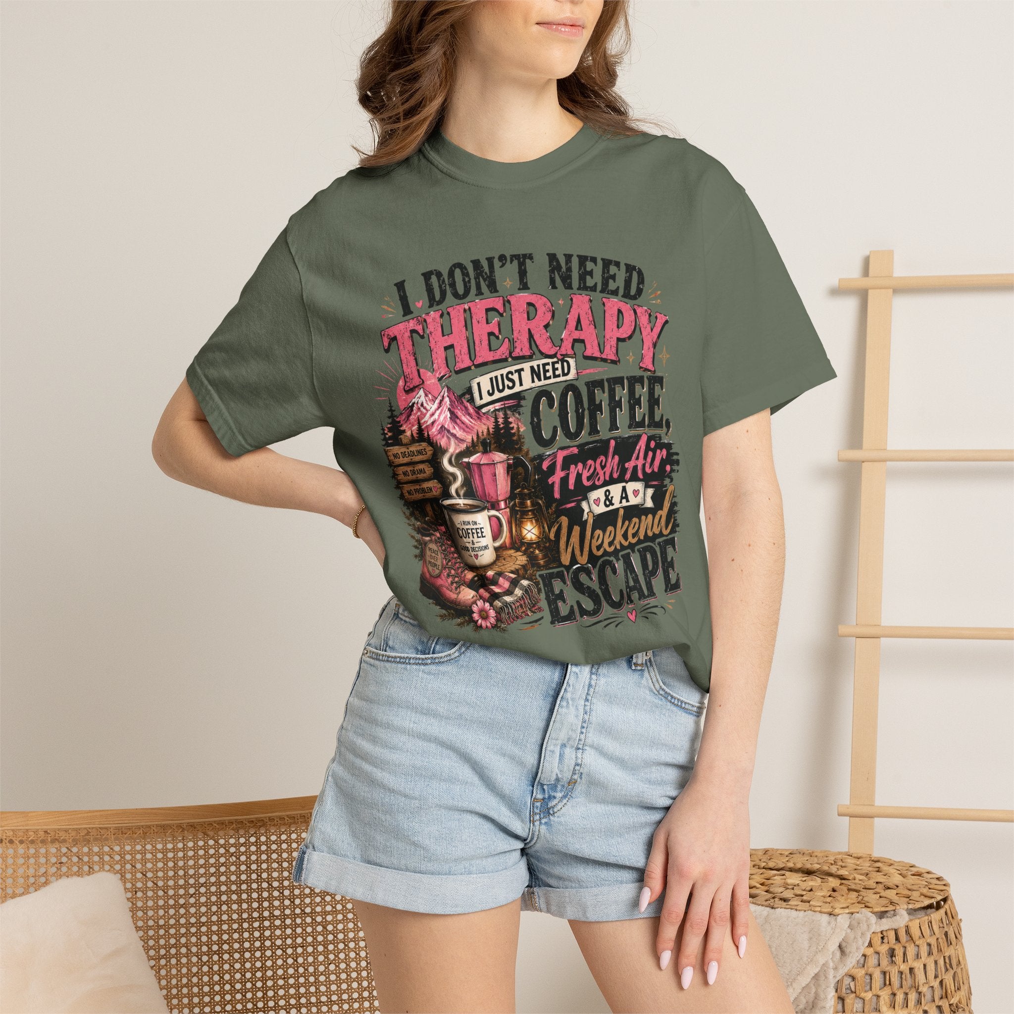 T-Shirt — “I Don’t Need Therapy, I Just Need Coffee, Fresh Air & A Weekend Escape” Vintage Coffee & Outdoors Tee