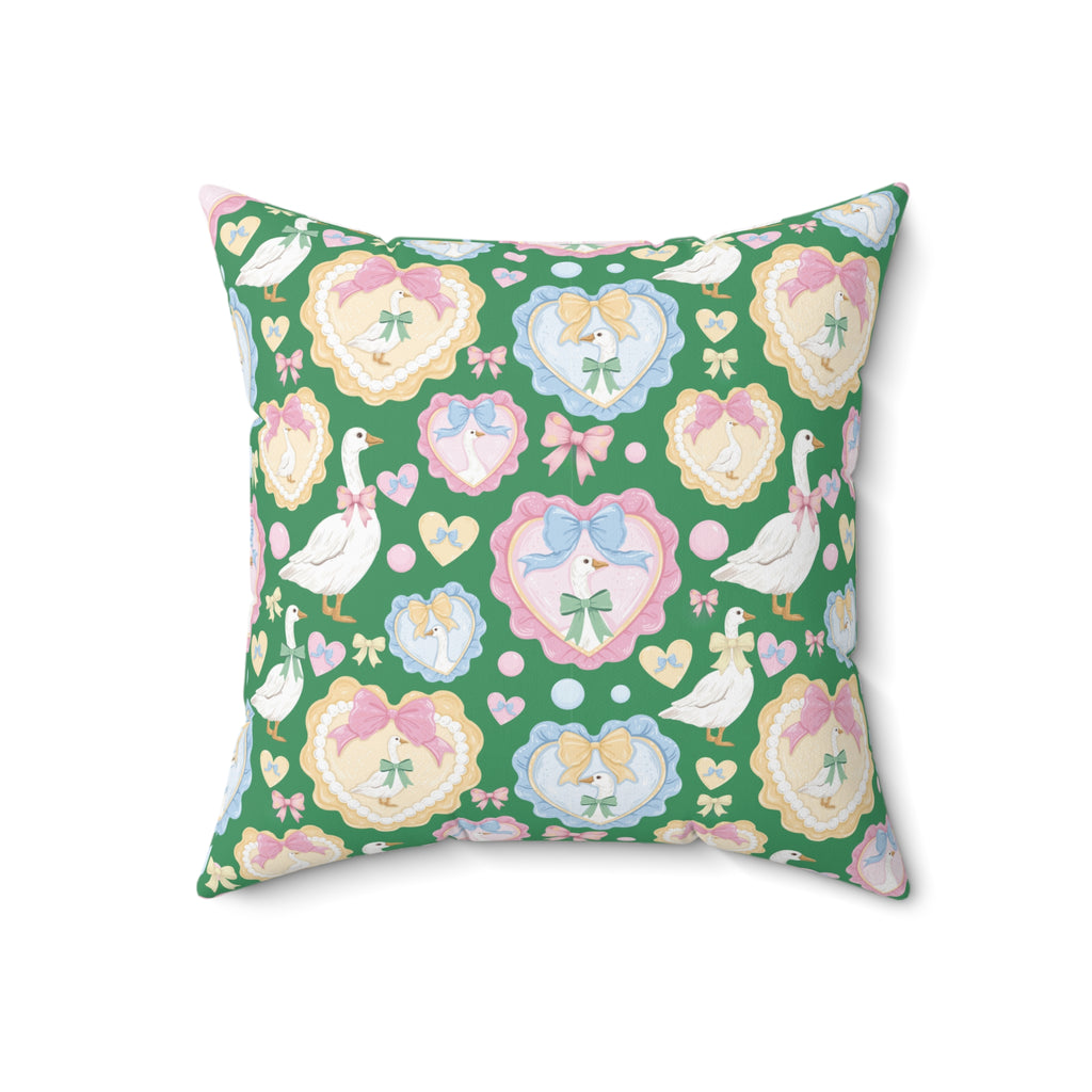 Whimsical Silly Goose Green Pillow with Pastel Bows & Hearts – Bedroom & Living Room Decor