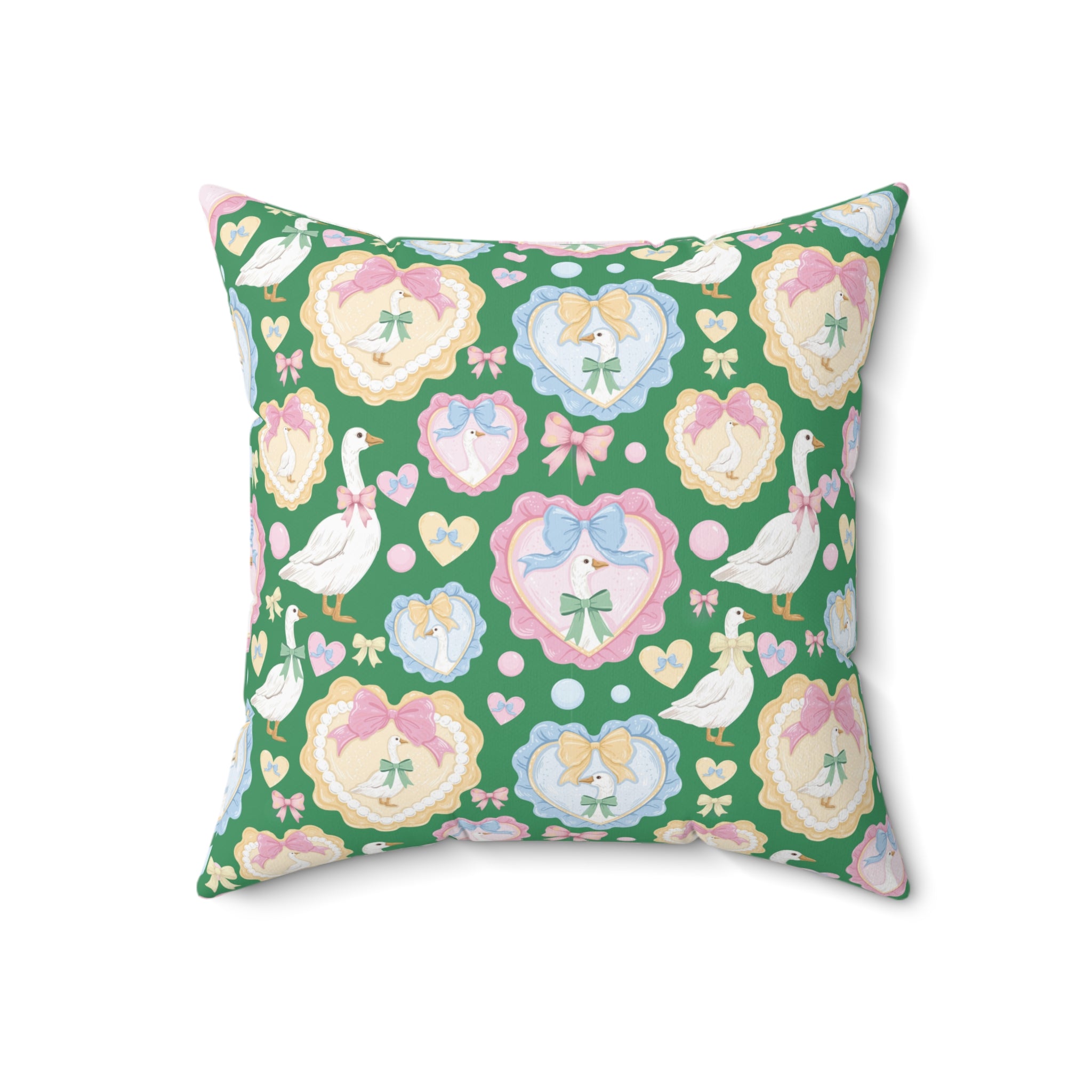 Whimsical Silly Goose Green Pillow with Pastel Bows & Hearts – Bedroom & Living Room Decor