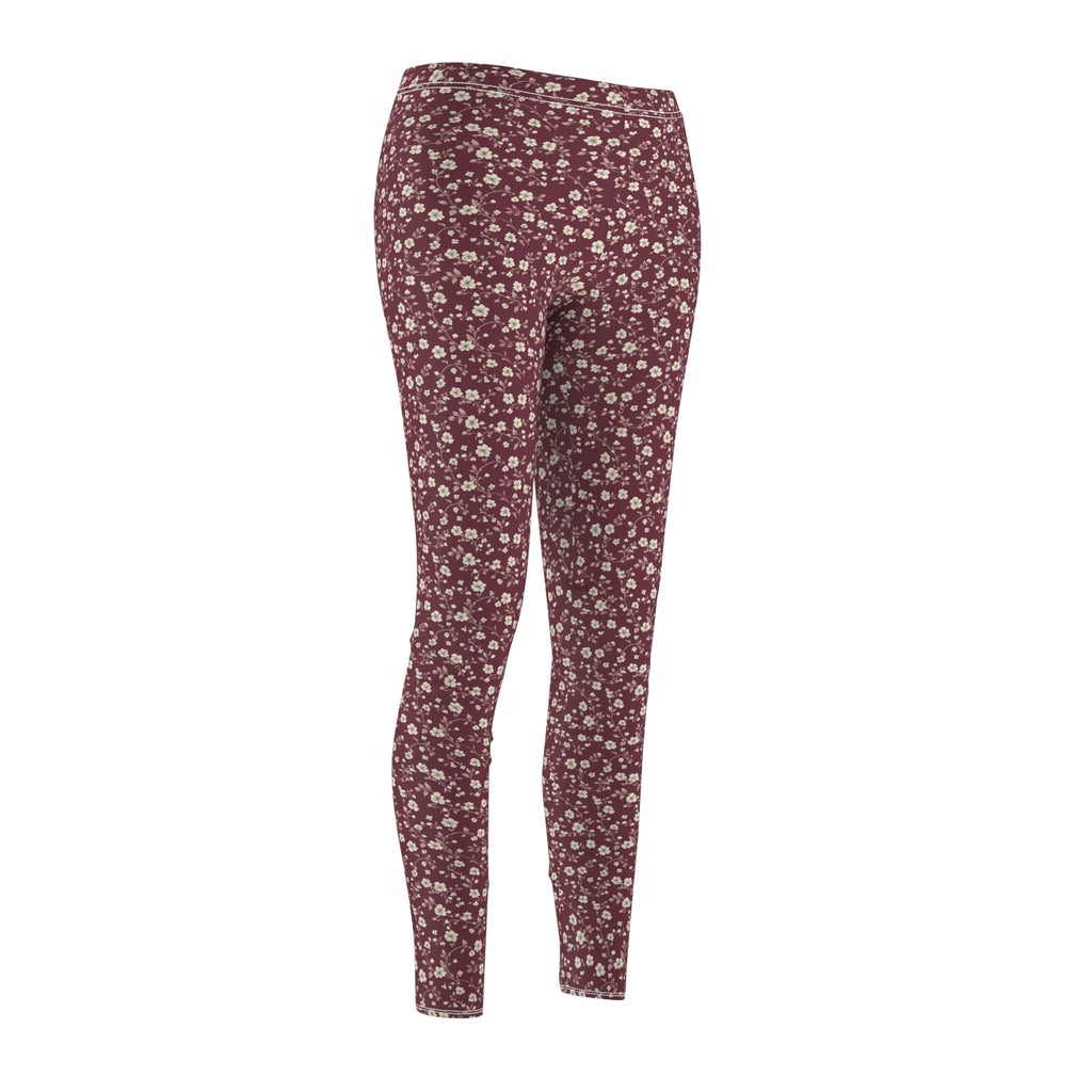 Burgundy White Floral Abstract Women's Casual Leggings Stylish, Comfortable High-Waisted Yoga Pants for Everyday Wear, Workout, and Lounge – Perfect Gift Idea for Her – Available in Plus Sizes - MRSBYVALLE