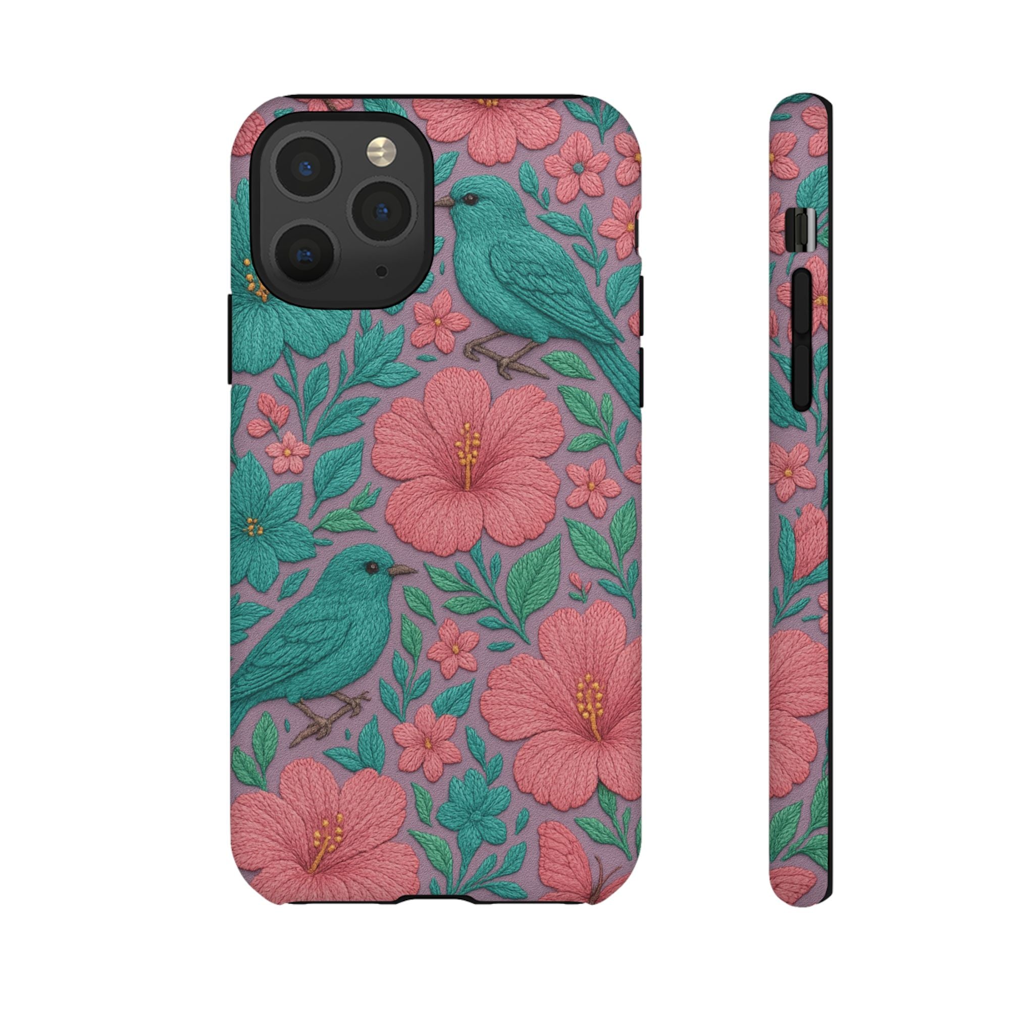Turquoise, Pink and Lavender 3D Embroidery Illusion Phone Case Tropical Flowers, Birds & Butterflies Cover with Bold, Realistic Floral Texture iPhone, Samsung
