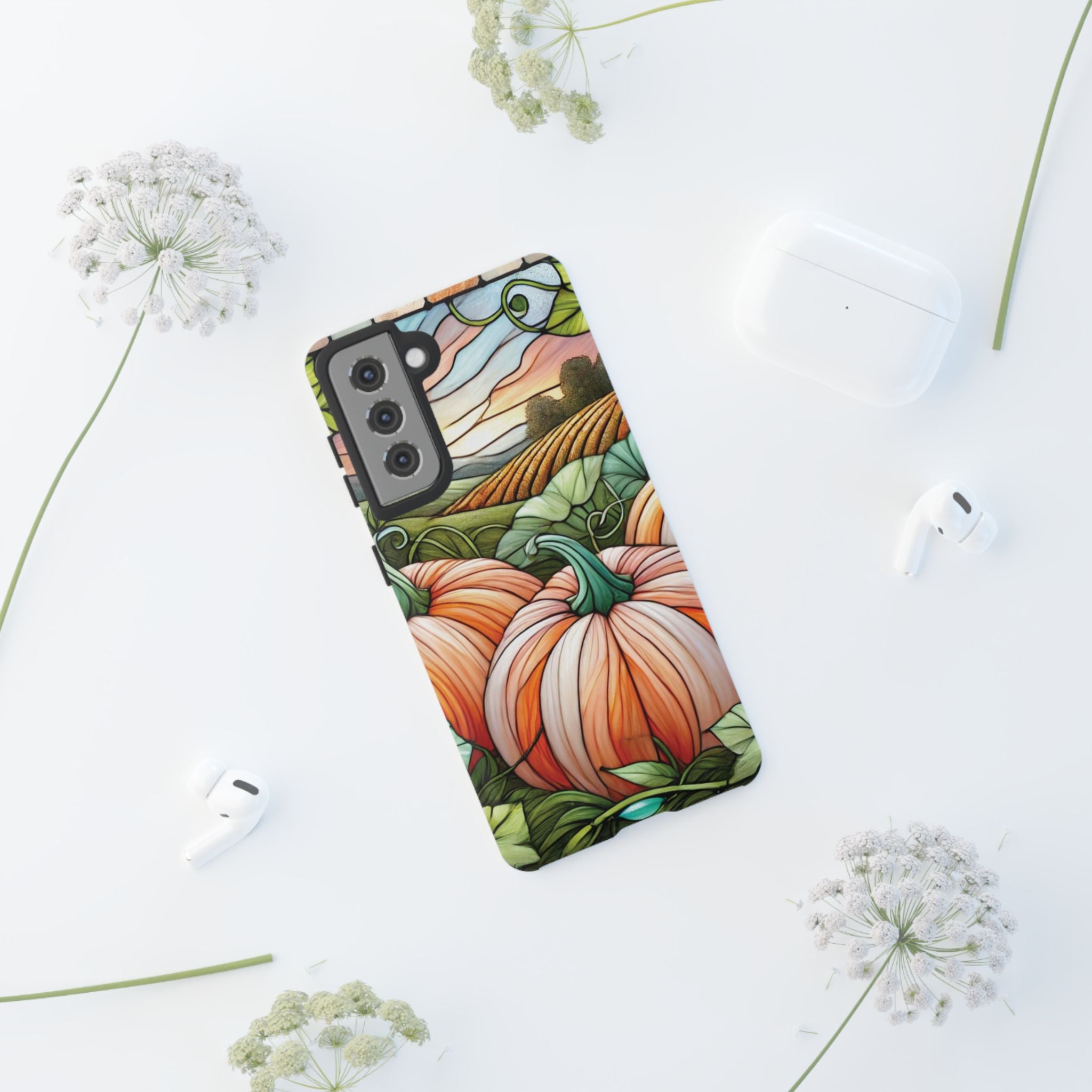 Pumpkins Phone Case Fall Faux Stained-Glass Thanksgiving Cover Pumpkin Lovers Gift for Galaxy S 24 23 22 21 Pixel 5 6 7 8 iPhone 17 , 16 15 14 13 12 Samsung iPhone Samsung Gift for Her