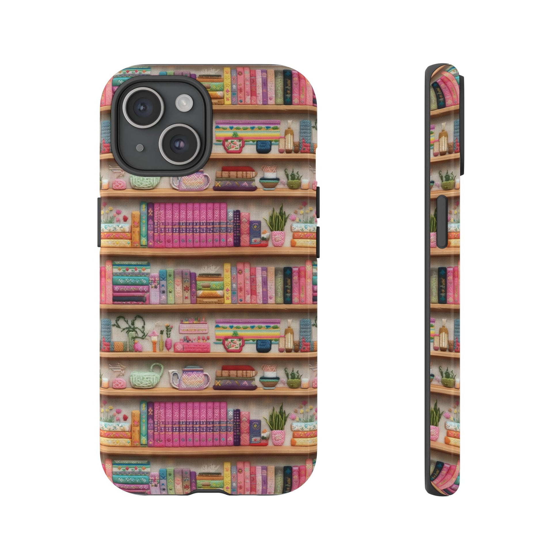 Whimsical 3D Embroidery Illusion Books on Pastel Shelves Phone Case for iPhone, Samsung & Pixel: Unique Accessory for Literary Enthusiasts Gift for Her Perfect for Floral Lover