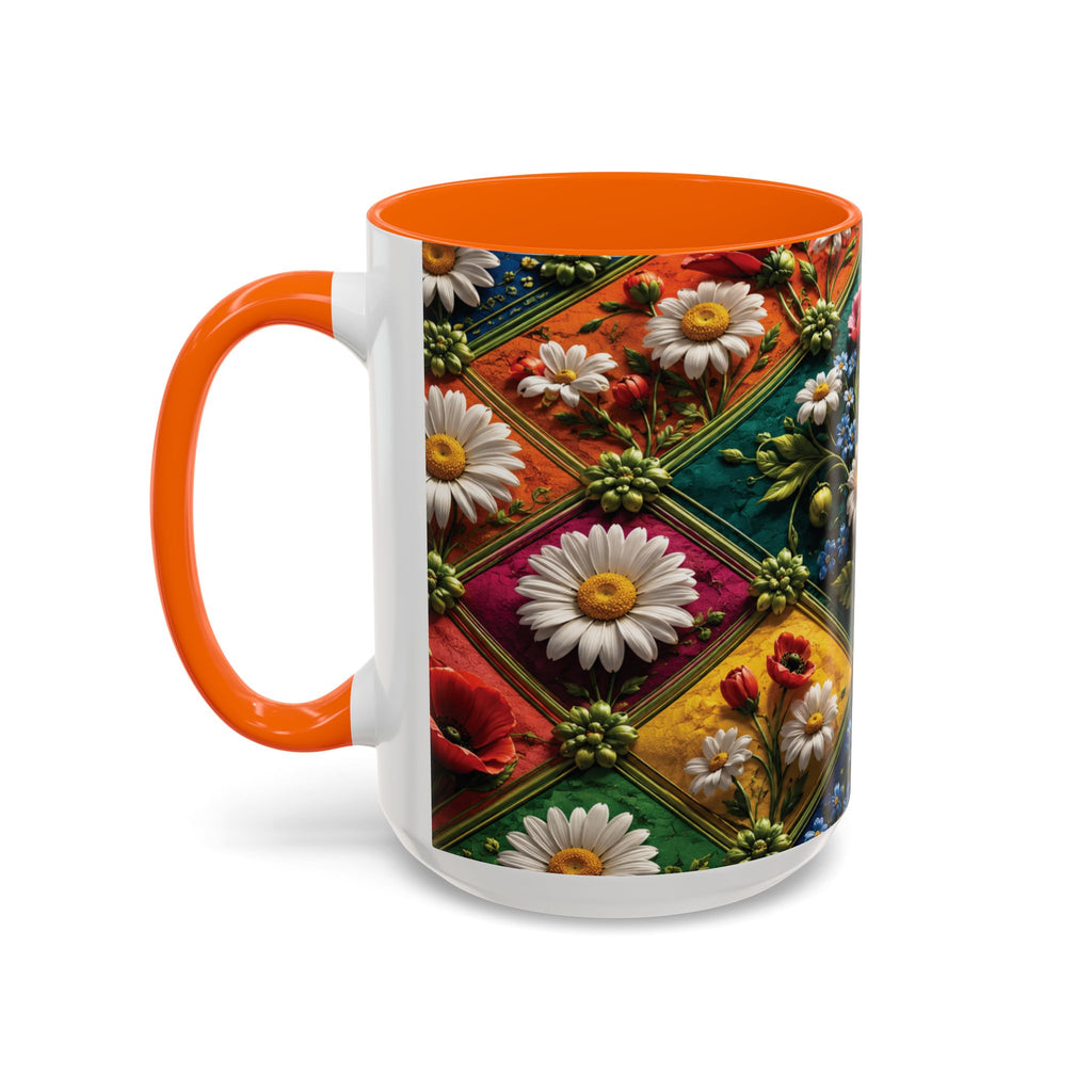 Floral Patchwork Accent Coffee Mug — Colorful Poppies & Daisies (11/15oz) 3D Illusion