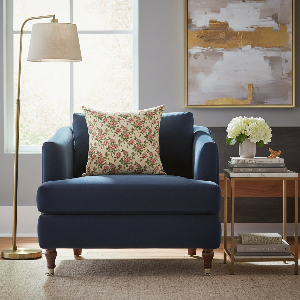 Floral patterned pillow on a white background