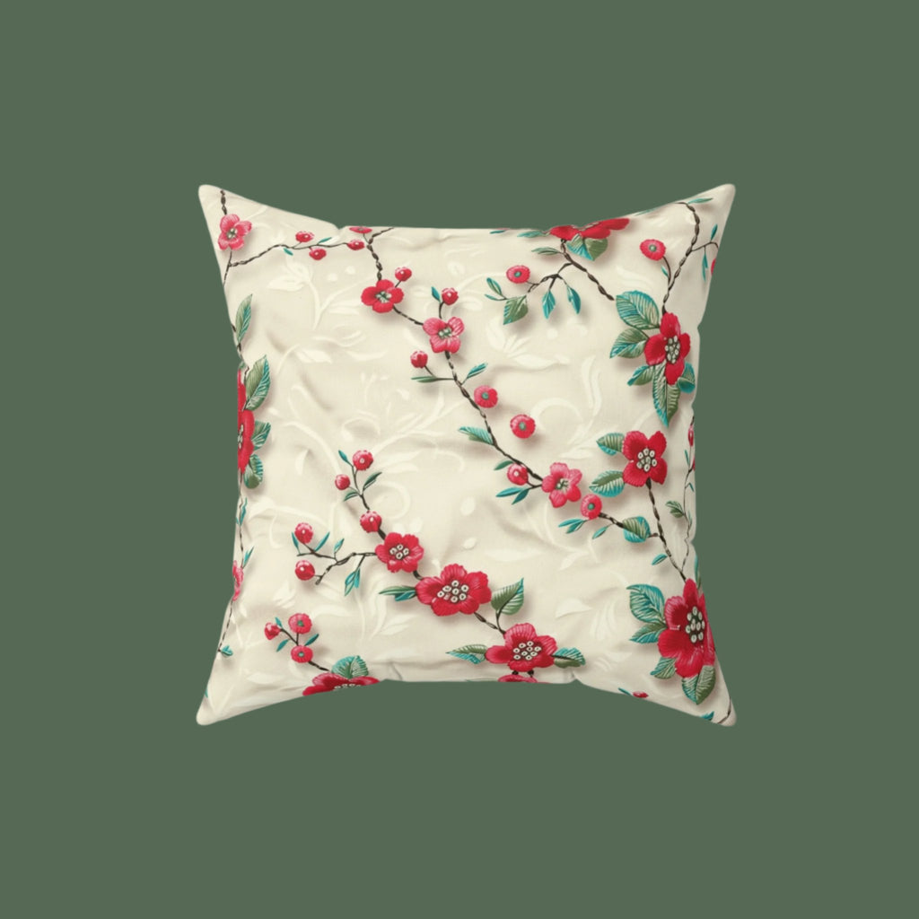 Chic 3D Embroidery Illusion Red Flowers Square Pillow for Sofa, Bed, or Chair Premium Quality, Soft, and Durable | Perfect for Couch, Bed, or Chair | Elegant Bedrooms Pillow Gift New House, Bridal Shower - MRSBYVALLE
