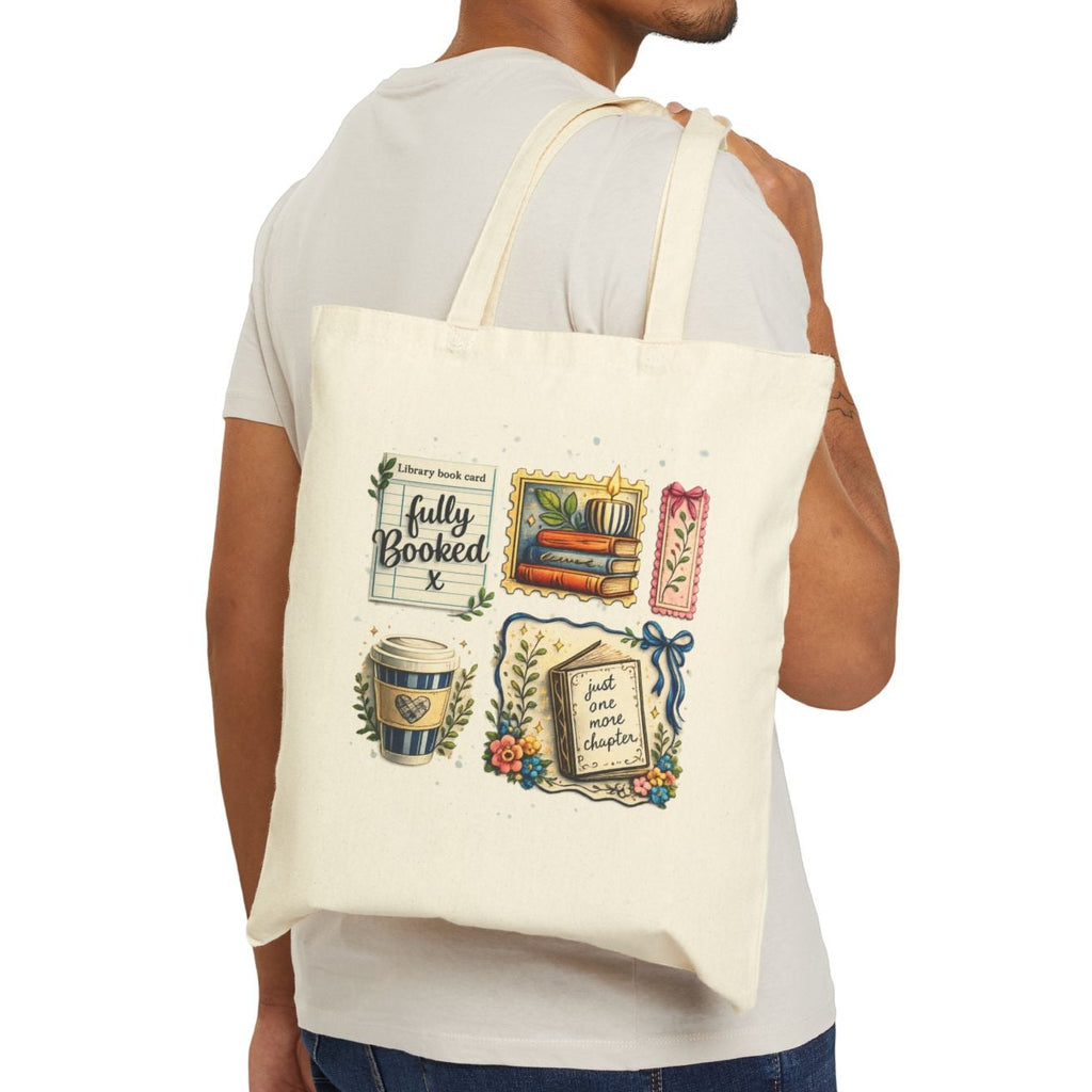 Man carrying a tote bag with decorative design on a white background