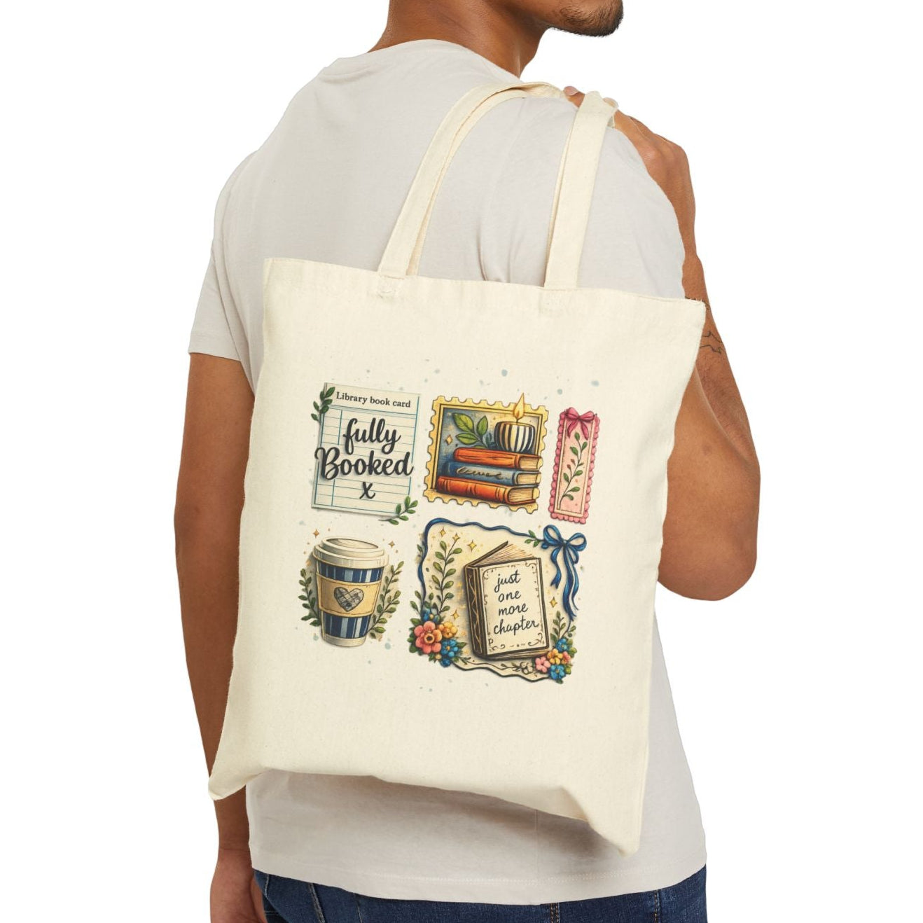 Man carrying a tote bag with decorative design on a white background