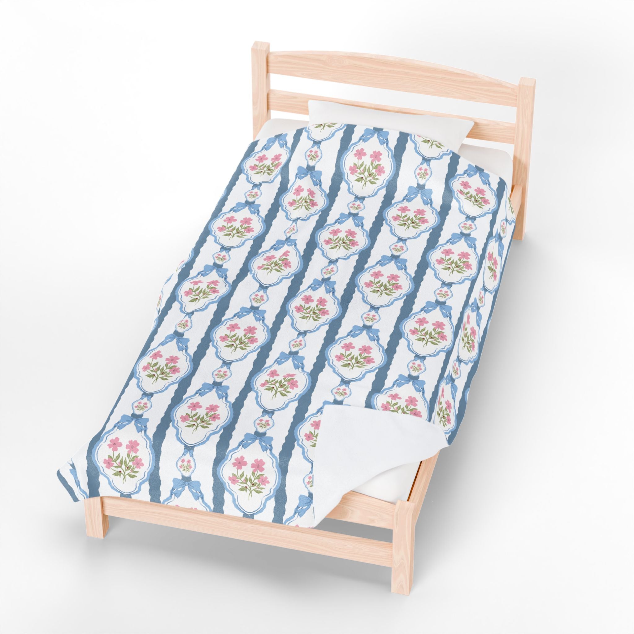 Couverture en peluche veloutée — Nœuds roses vintage et jeté romantique bleu