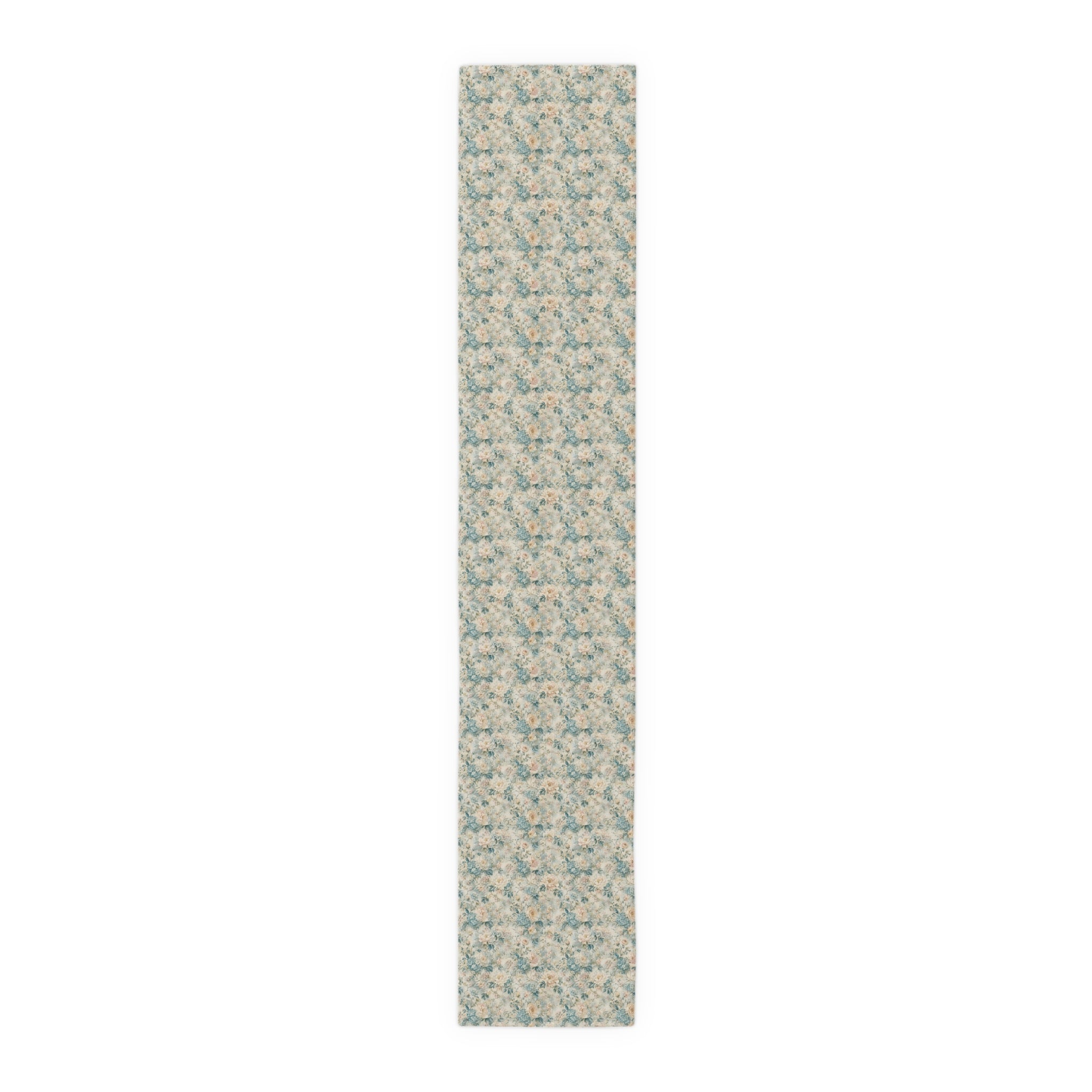 Floral Vintage Table Runner — Soft Blue Cream Cotton-Poly Dining Decor