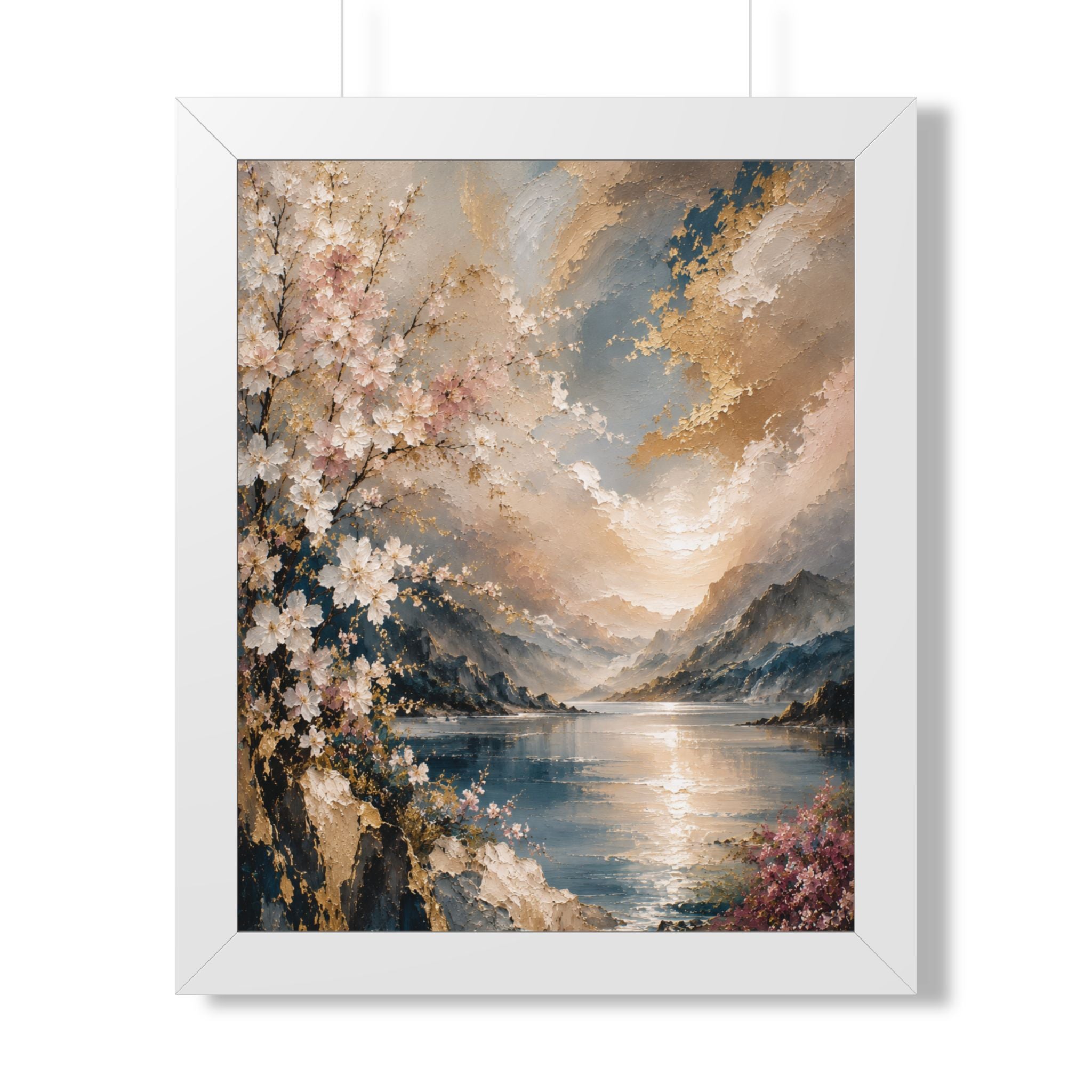 Sunlit Mountain Lake framed vertical poster | floral shoreline landscape
