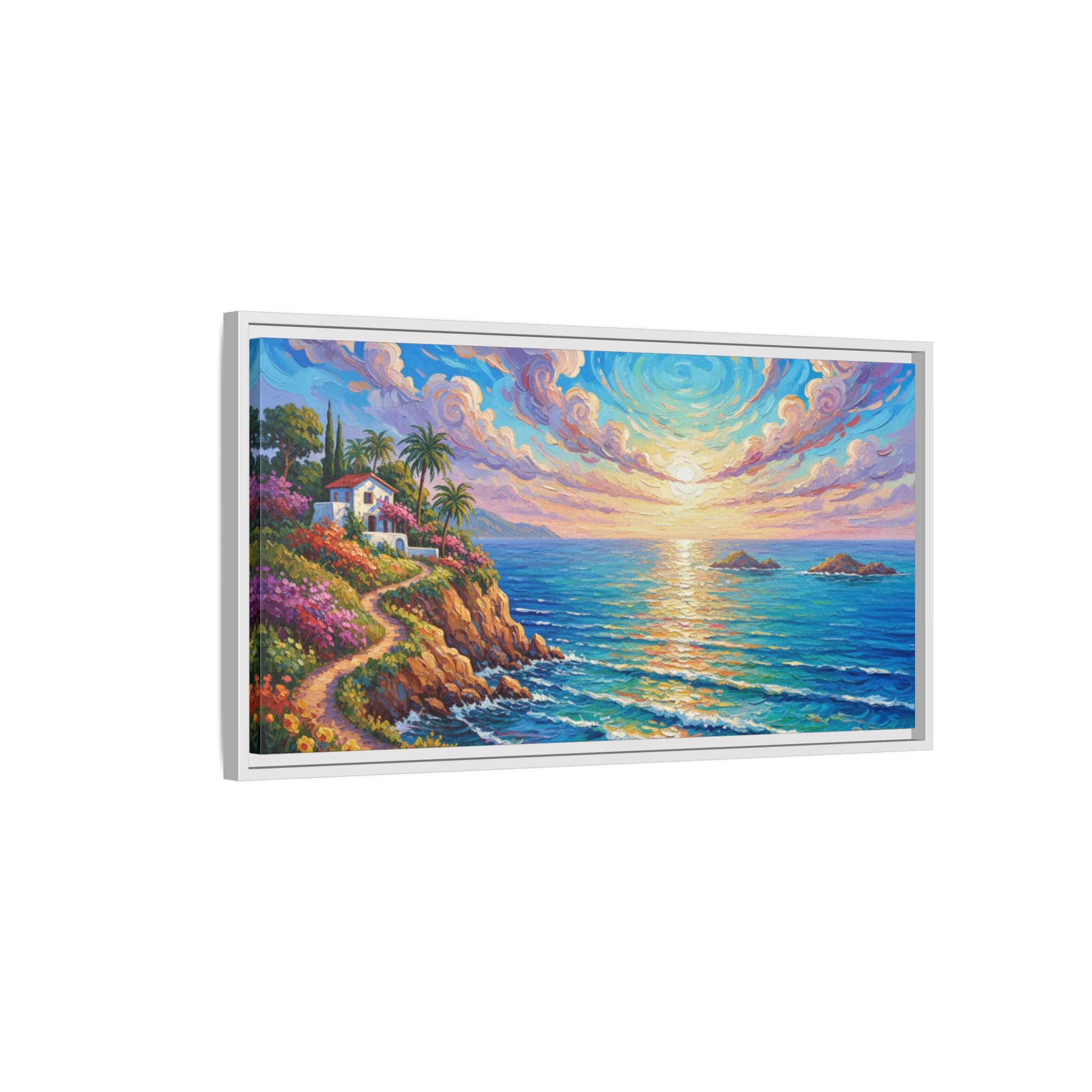 Toile imprimée florale océanique | Décoration murale colorée et lumineuse de paysage marin, œuvre d'art de bureau encadrée et mate