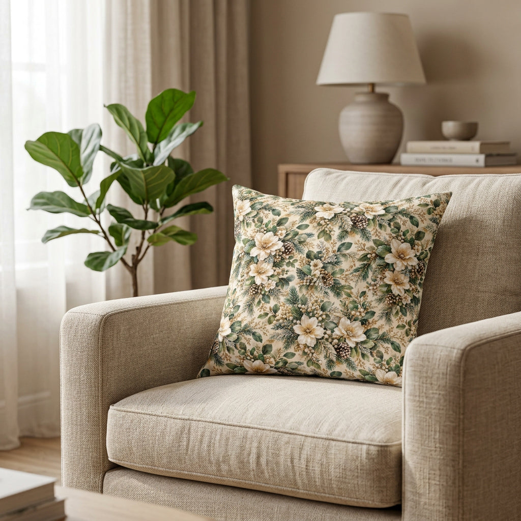 A square decorative throw pillow featuring a vintage-style floral and botanical pattern in muted green, beige, and cream tones, set against a plain white background.