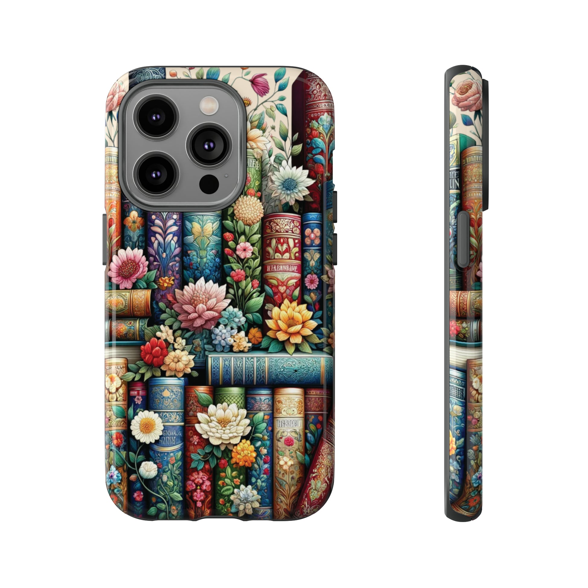 Books and Floral Boho Luxury Phone Tough Case Floral Elegant Durable Stylish for Modern Devices iPhone 15, Samsung iPhone Samsung Accessory Gift for Her.