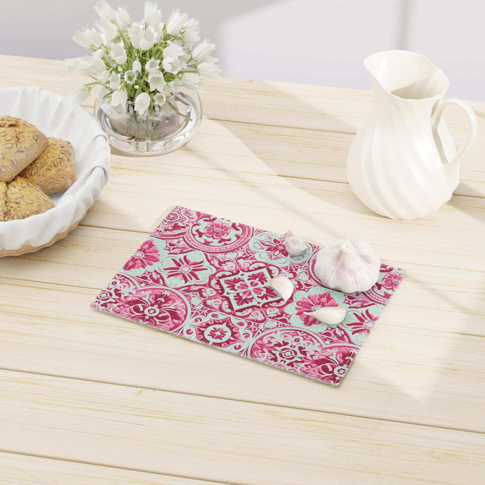 New House Tempered Glass Cutting Board with Pink and White Mediterranean Tile Design Ultra-Durable Kitchen Accessory for Stylish Cooking Kitchen Decor with Elegant Design, Housewarming, New House Gift - MRSBYVALLE