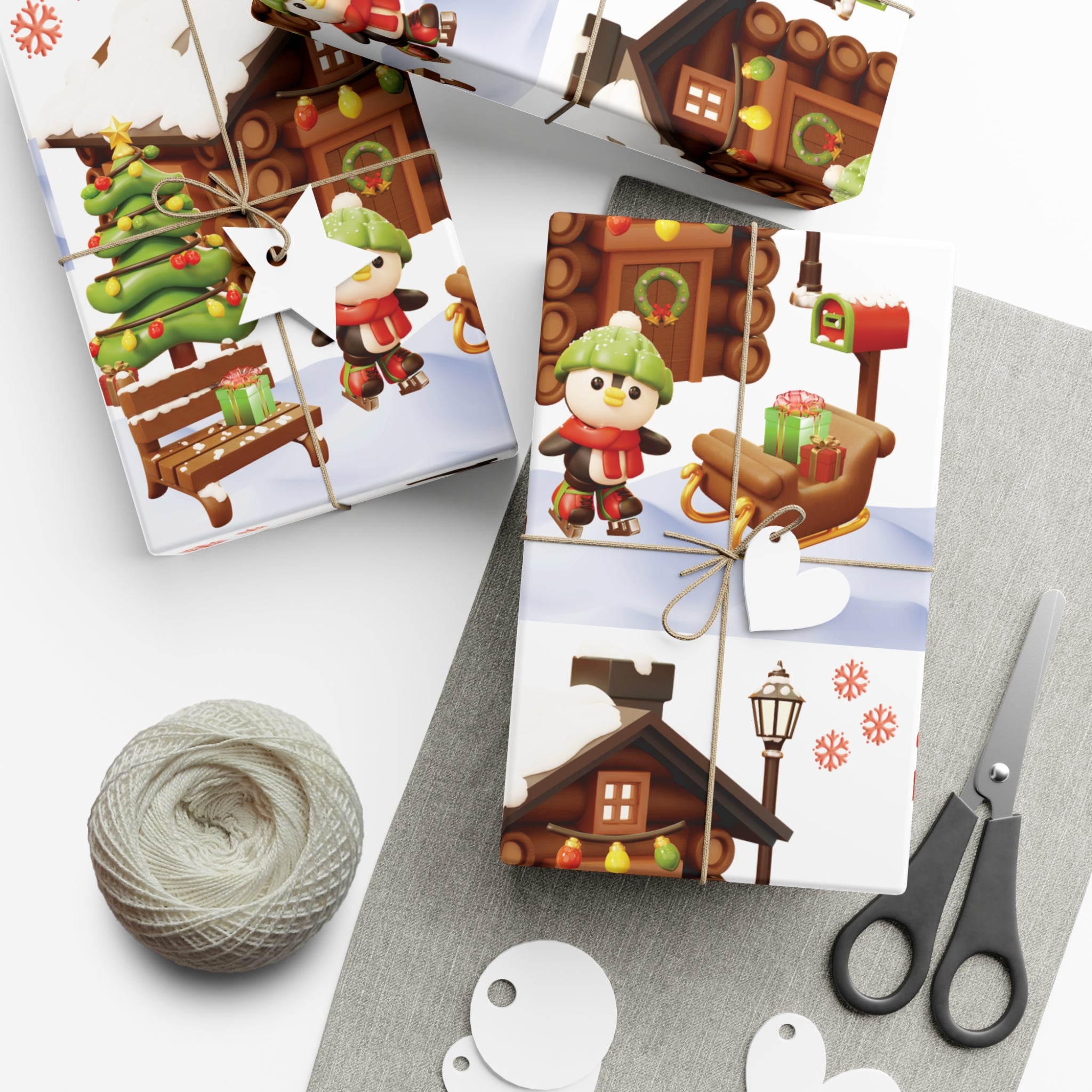 Papier Cadeau Illusion 3D Pingouin Motif Pingouin Hivernal Mignon et Scène de Cabane Sous la Neige, Papier Cadeau de Noël Festif, Papier Cadeau de Fêtes en 3 TaillesParfait pour les Cadeaux Saisonniers