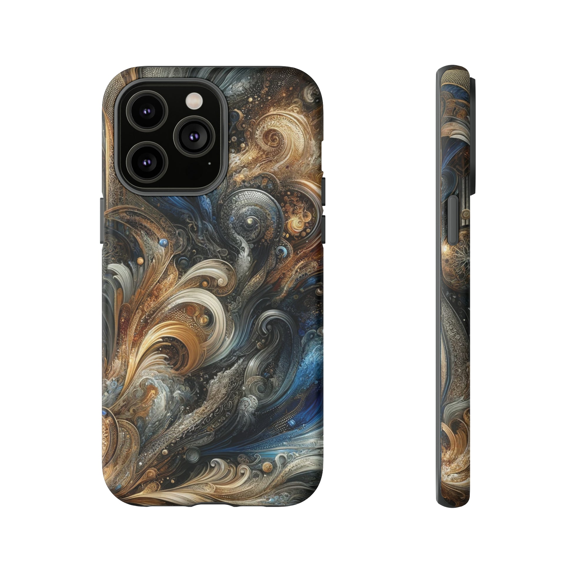 Gold and Navy Art Design Luxury Phone Tough Case Floral Elegant Durable Stylish for Modern Devices iPhone 15, Samsung iPhone Samsung Accessory Gift for Her.