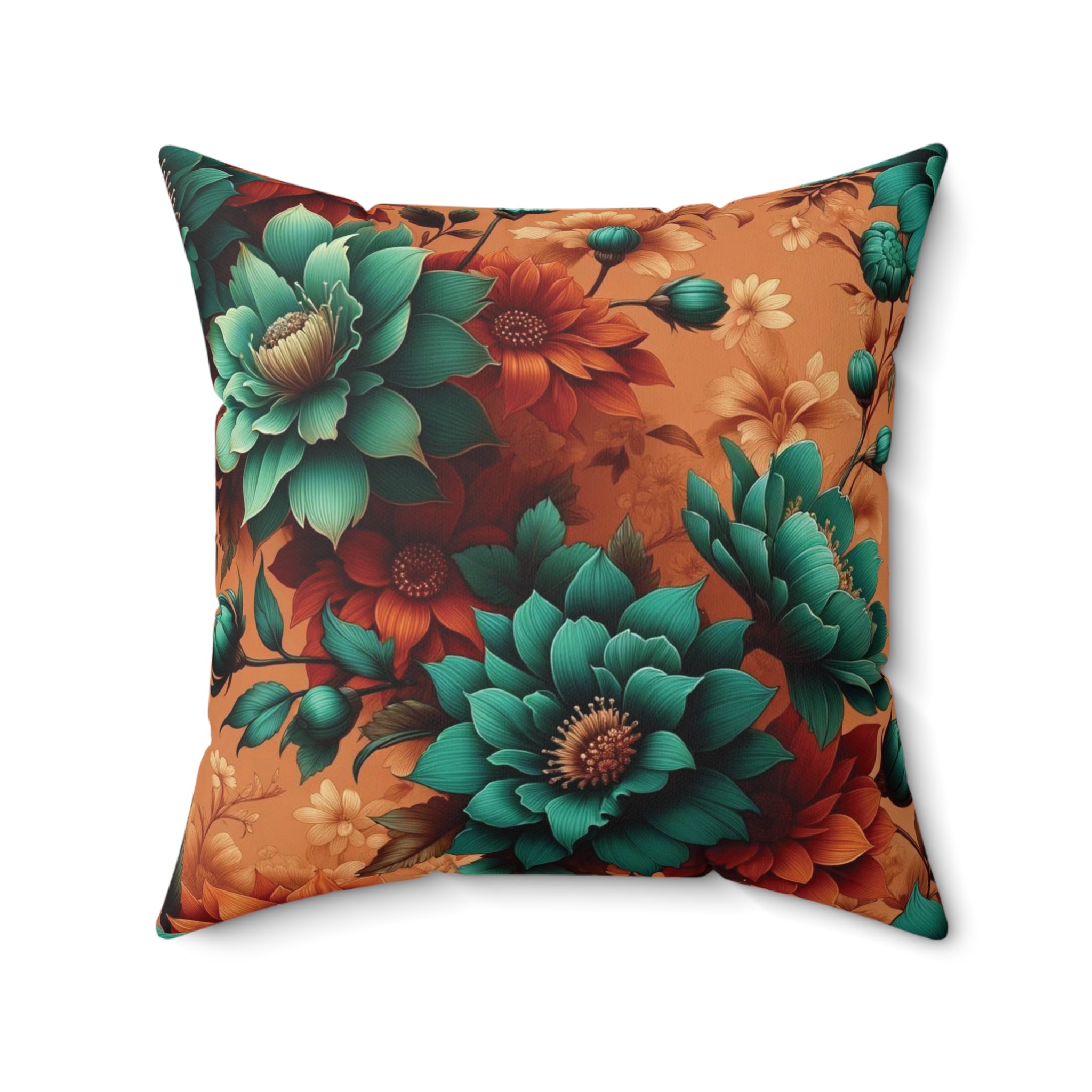 Aqua and Burnt Orange Floral Bliss Luxurious Chenille Decorative Pillow Living Room Comfort for Bedroom or Housewarming Gift New House, Bridal Shower Gift - MRSBYVALLE