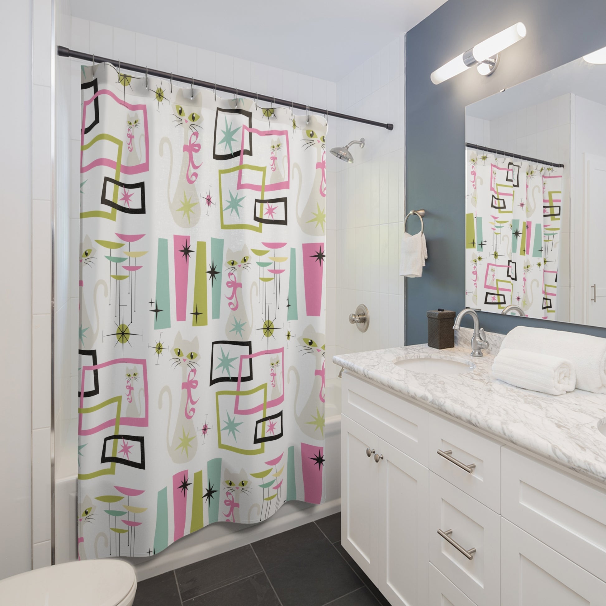 Pastel Atomic Kitty Cats Shower Curtain – Mid-Century Modern 50s Retro Vibes, Playful & Stylish for a Chic Bathroom Upgrade Housewarming Gift