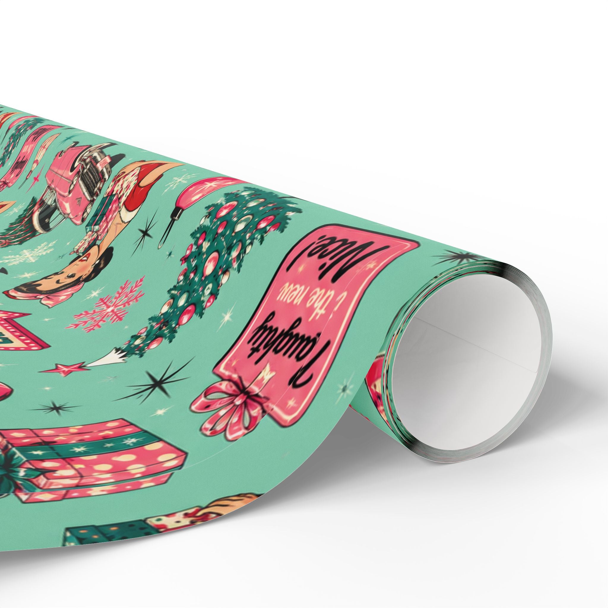 Funny Retro Christmas Wrapping Paper  Vintage Pink Holiday Gift Wrap  Mid Century Christmas Gifts Cute Nostalgic Xmas Paper