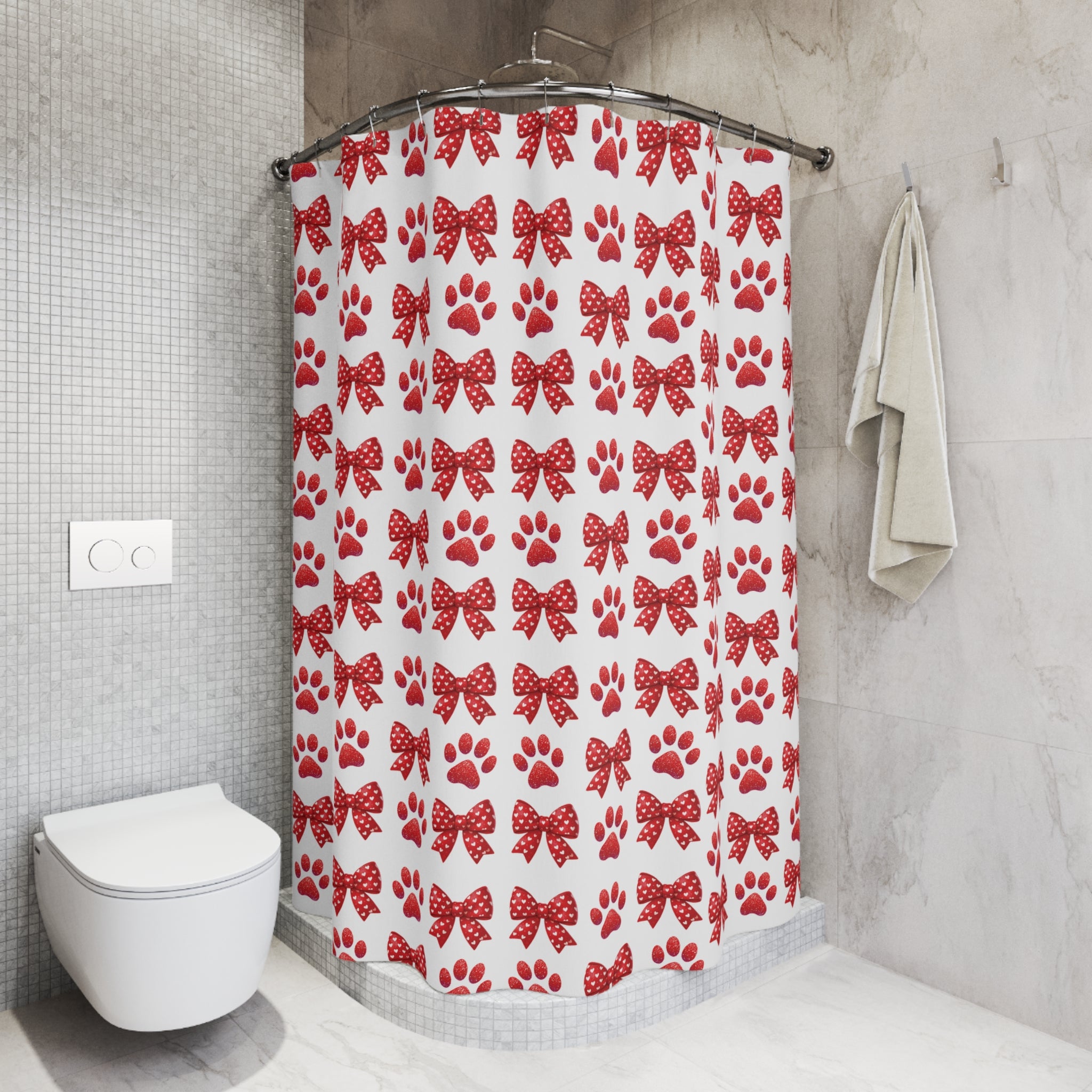 Red Bows and Paws Shower Curtain 71x74 - Cute Paw Print Bathroom Decor, Adorable Dog Lover Gift, Durable and Stylish, Perfect Pet-Themed Home Accessory! - MRSBYVALLE