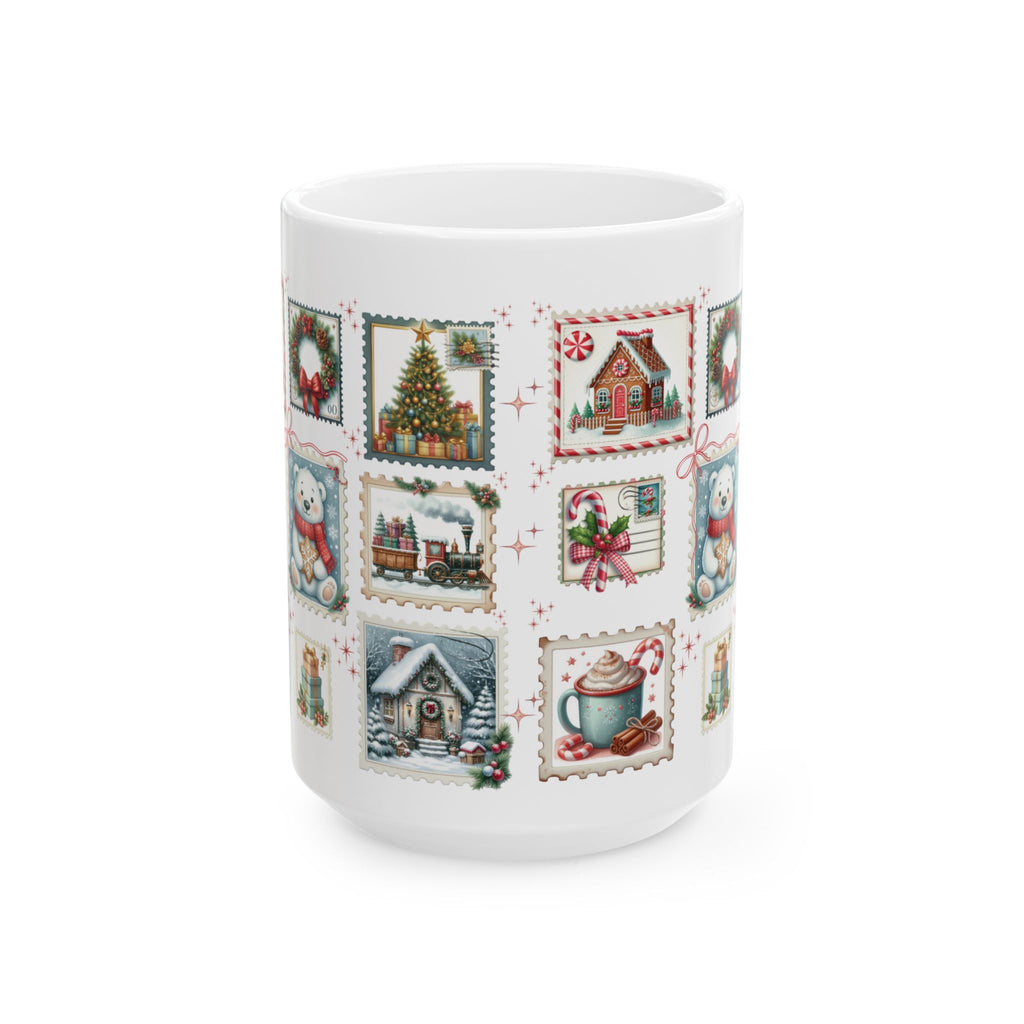 Christmas Postal Stamps Mug 15 and 11 oz Perfect for Coffee, Hot Chocolate and more