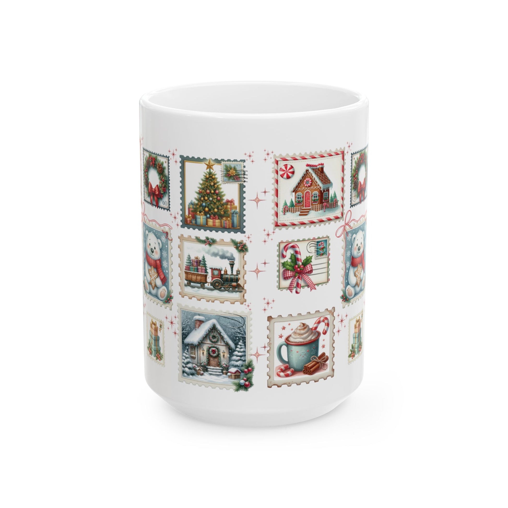 Christmas Postal Stamps Mug 15 and 11 oz Perfect for Coffee, Hot Chocolate and more