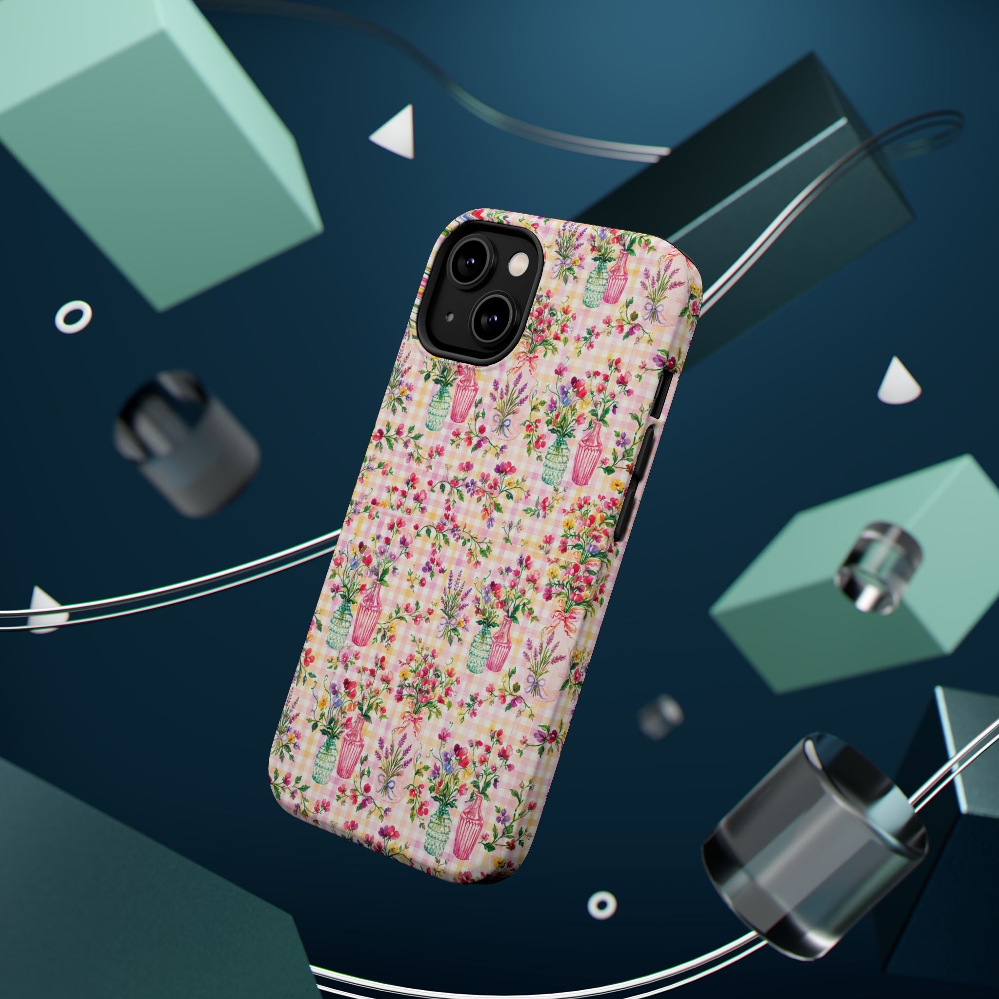 Turquoise & Pink Floral Checker Phone Case — Magnetic Impact-Resistant